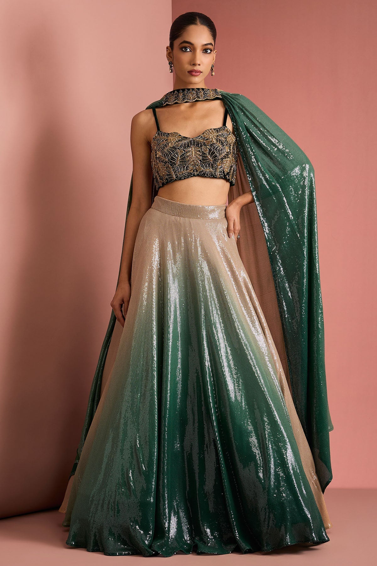 Buy Dark Green Ombre Lehenga Set for women by Milu Madan online available at scrollnshops