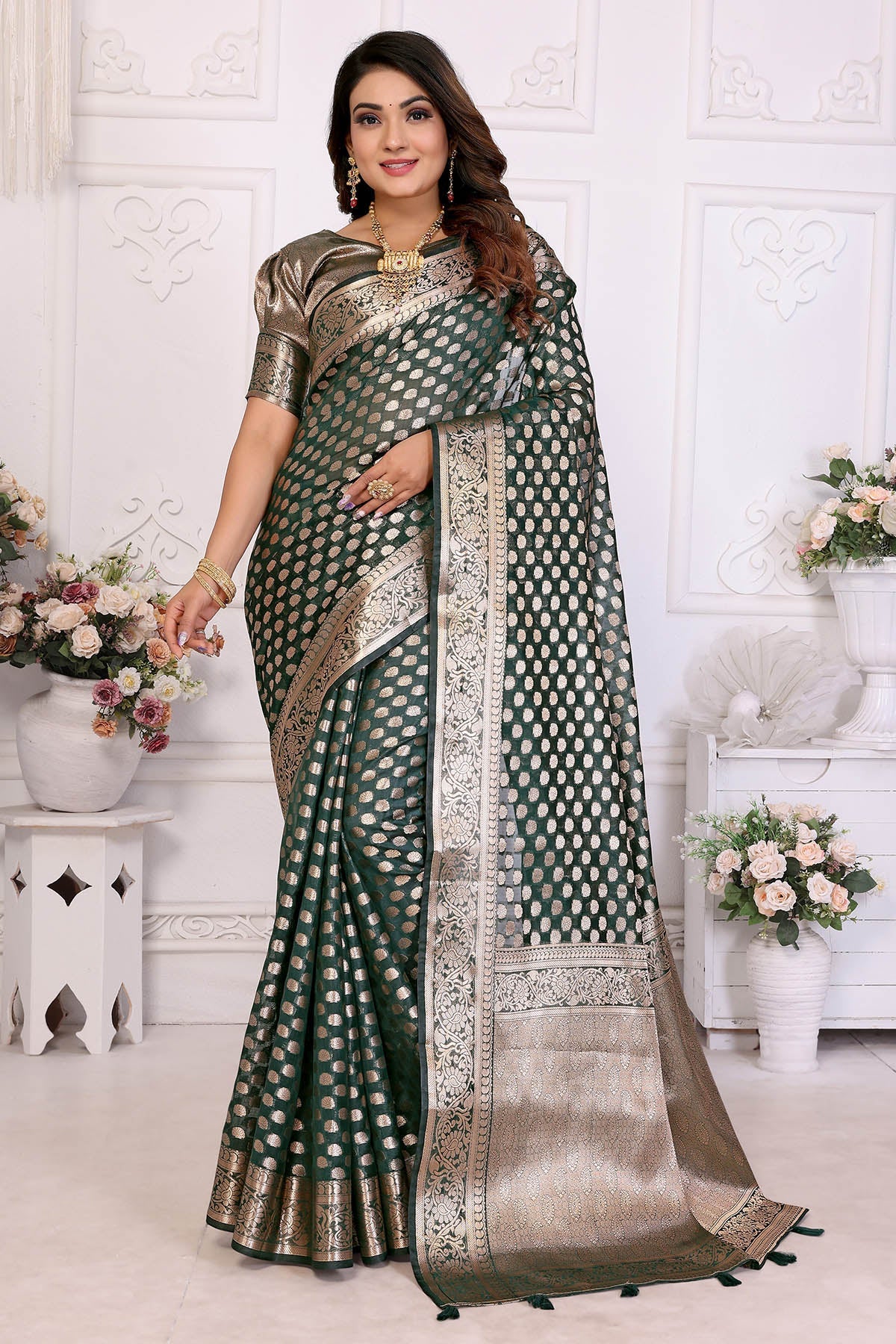 Buy Dark Green Organza Silk Saree for women by Aastha Fashion online available at scrollnshops