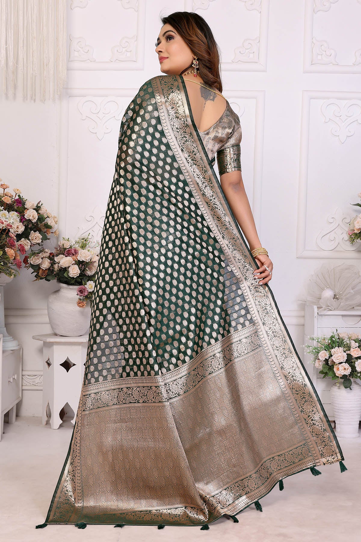 Dark Green Organza Silk Saree