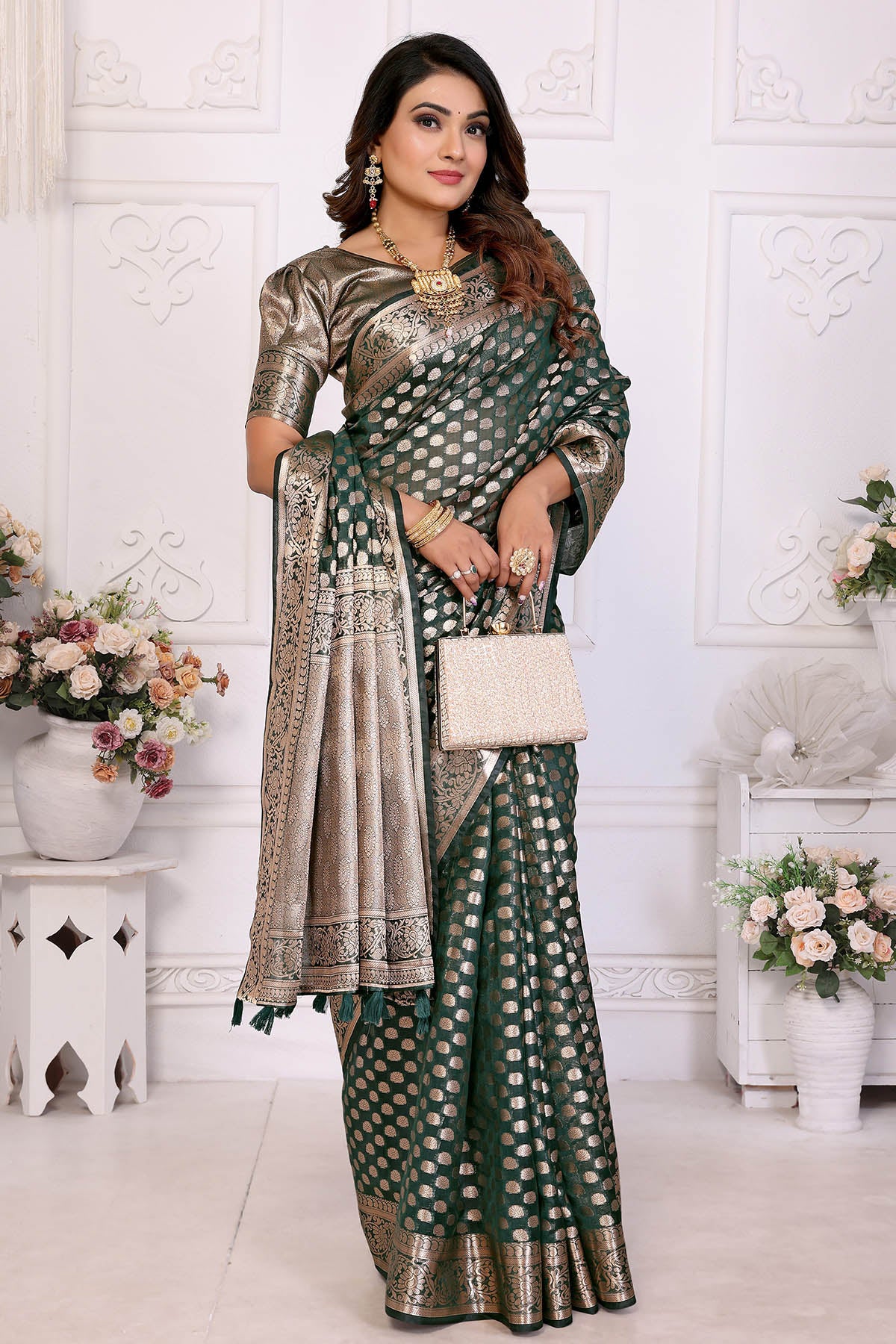 Dark Green Organza Silk Saree