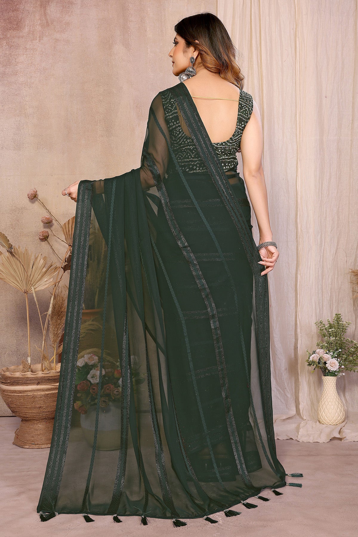 Dark Green Printed Foil Saree