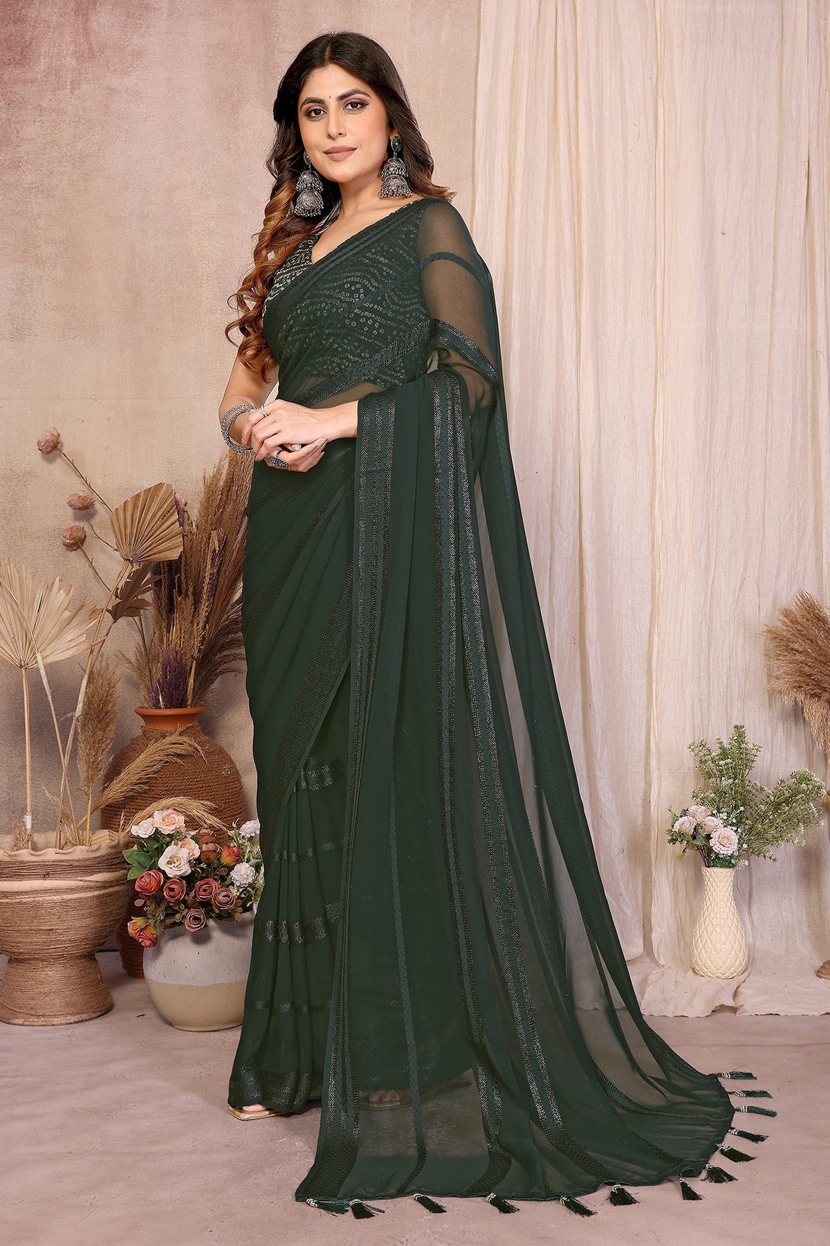 Dark Green Printed Foil Saree