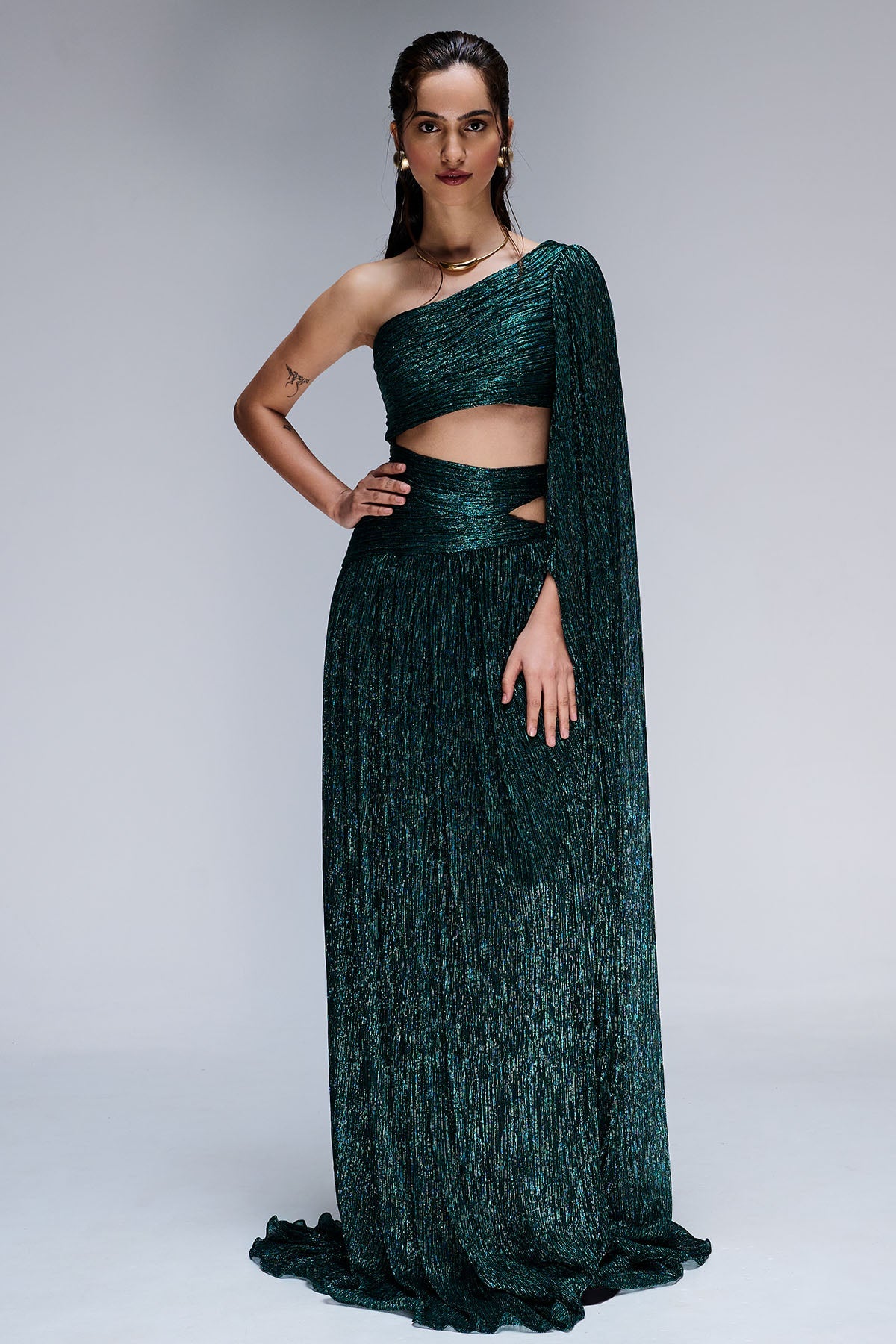 Buy Dark Green Shimmer Maxi Dress for women by GKDedit online available at scrollnshops