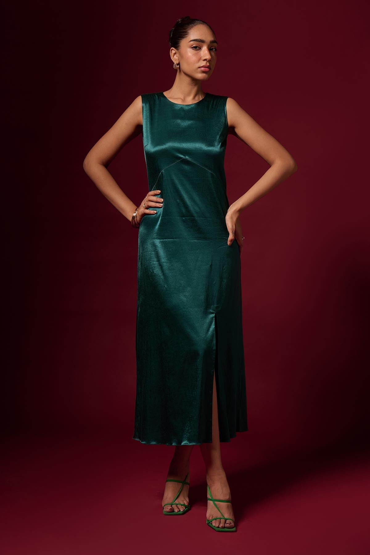 Buy Dark Green Sleeveless Midi Dress by Emblaze for women online at ScrollnShops