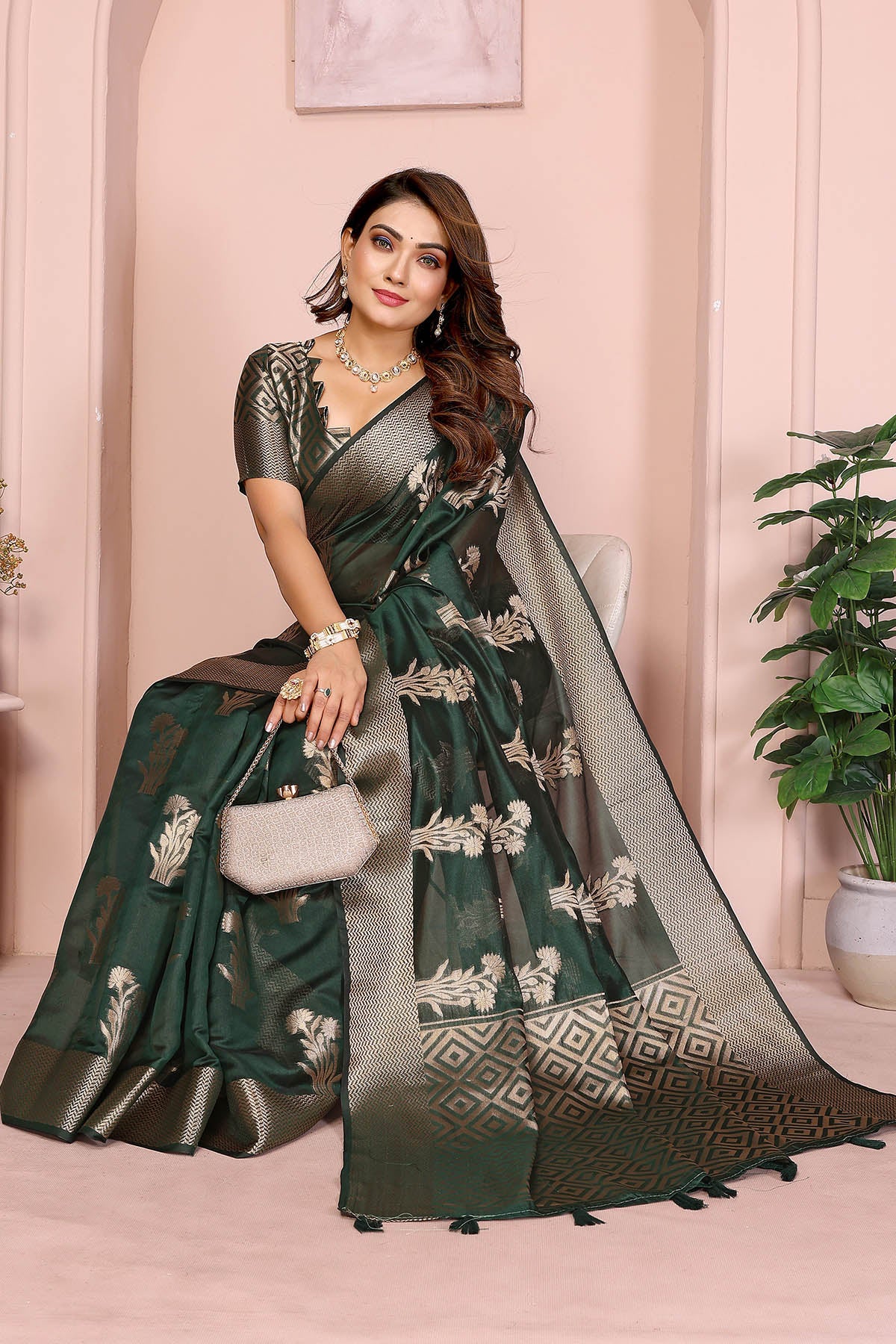 Dark Green Soft Organza Saree