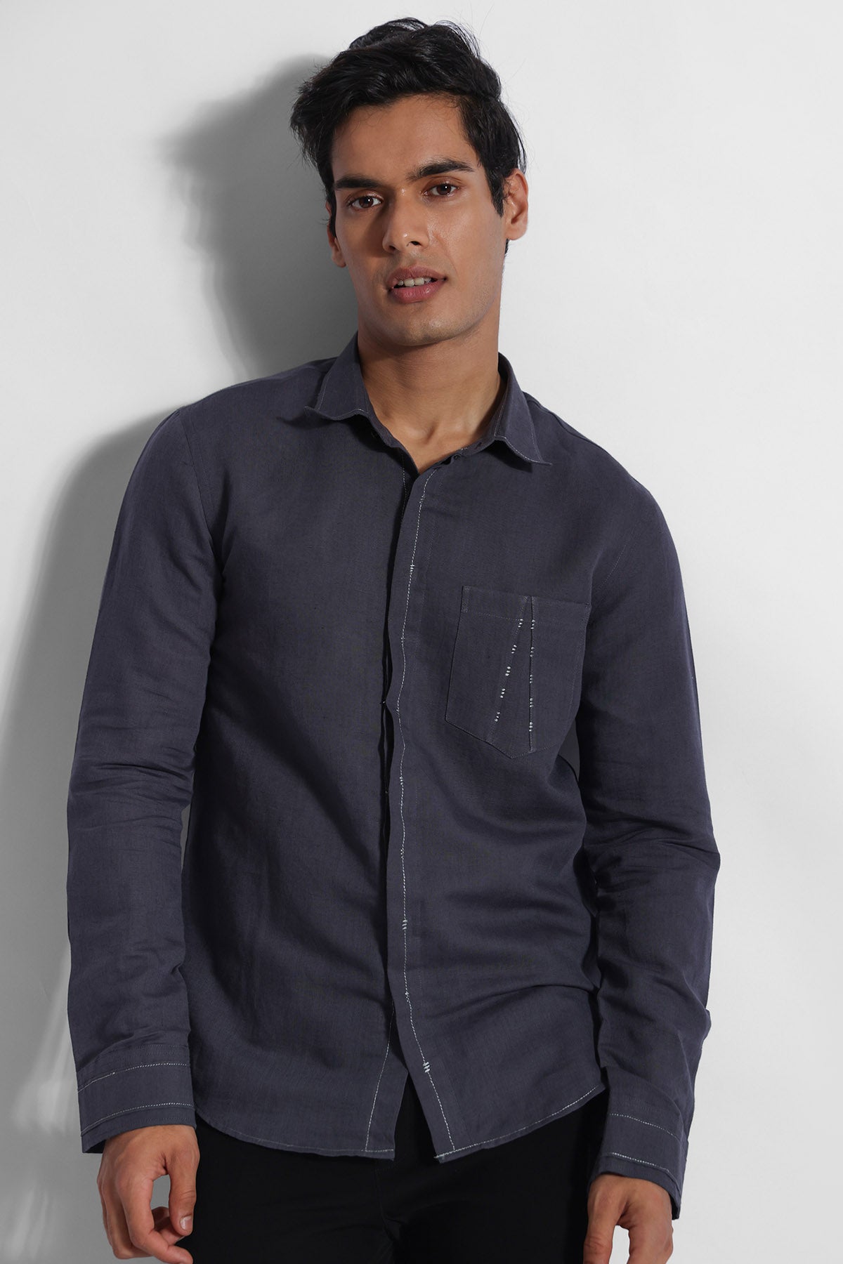 Buy Dark Grey Cotton Linen Shirt for men by Paarsh Atelier online available at scrollnshops
