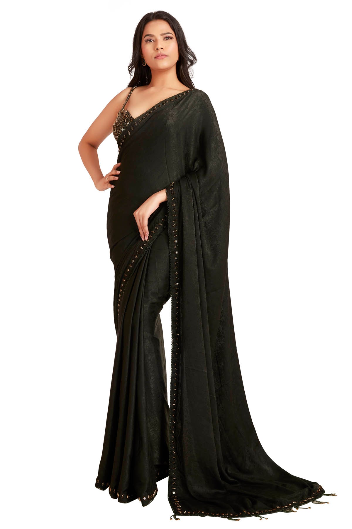 Vastra by Mala Munde Dark Grey Embroidered Saree for women online at ScrollnShops