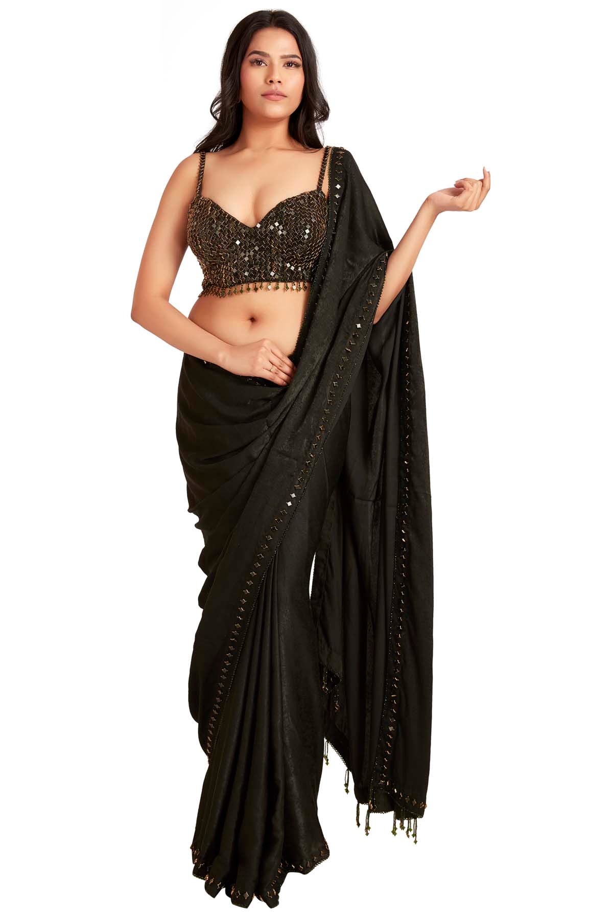 Dark Grey Embroidered Saree