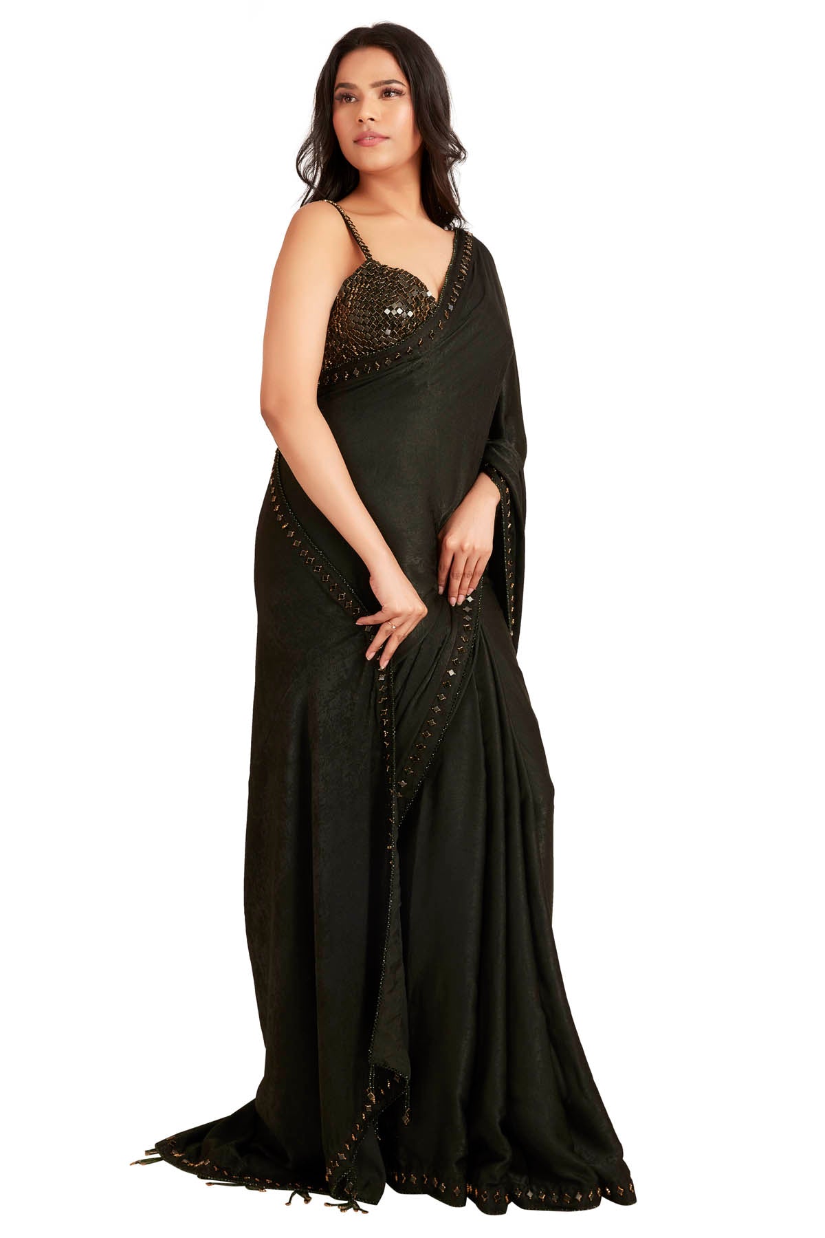 Dark Grey Embroidered Saree