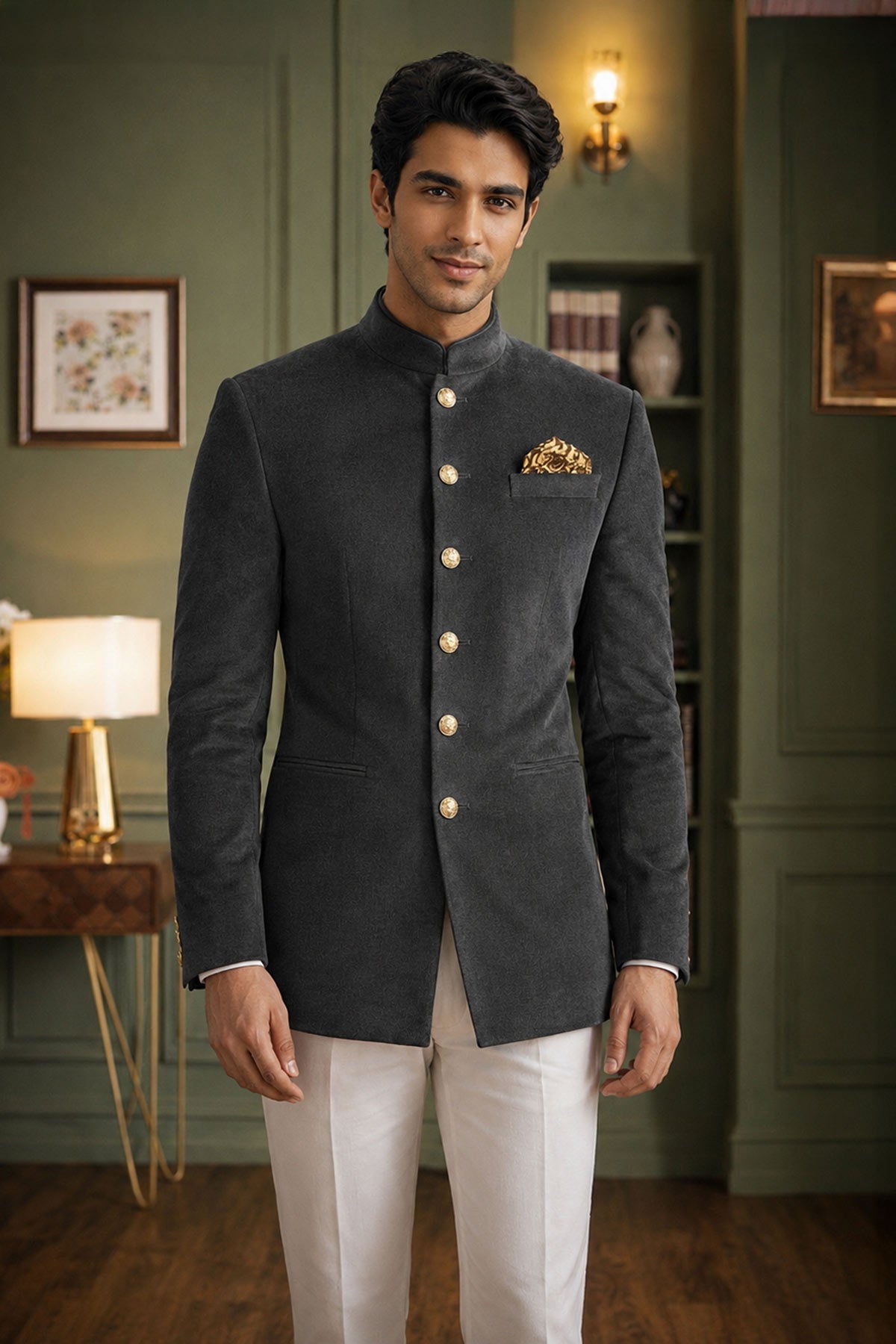Buy Dark Grey Velvet Jodhpuri Suit for men by Aastha Fashion online available at scrollnshops