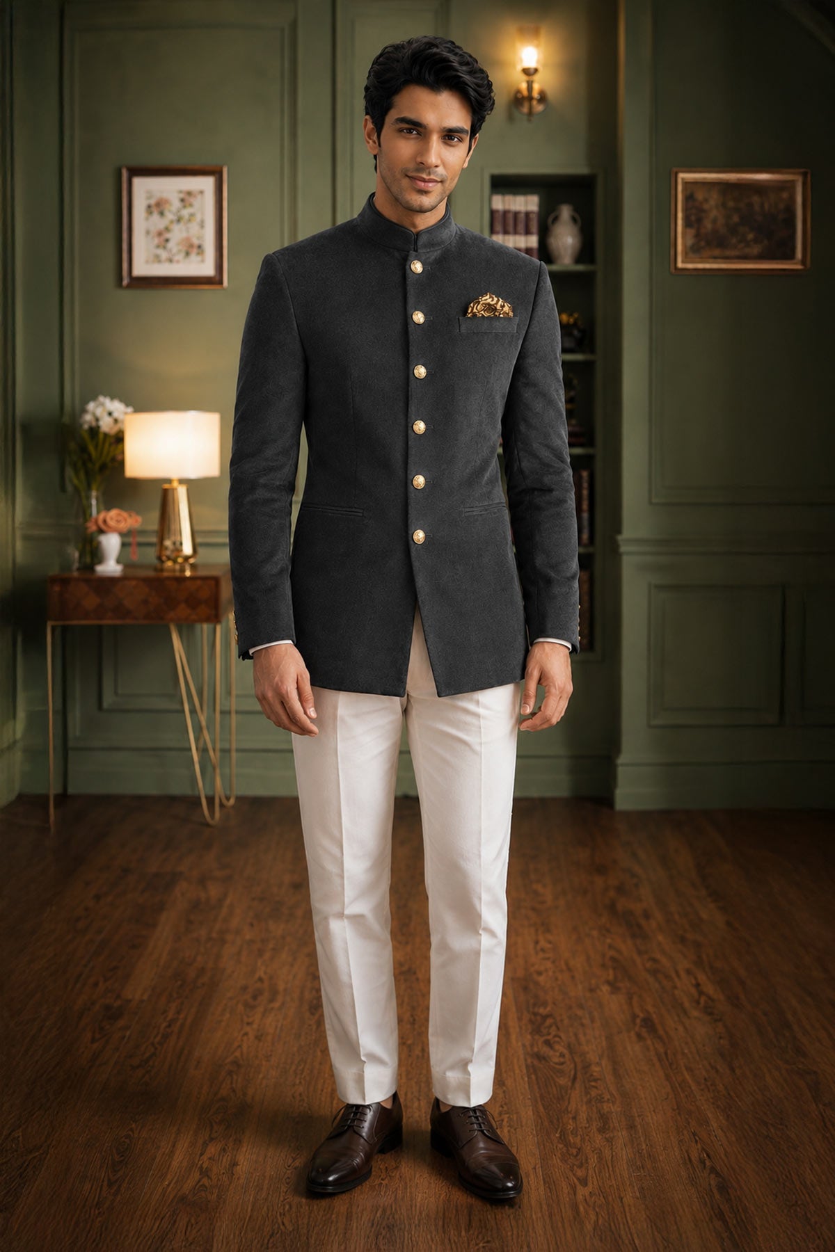 Dark Grey Velvet Jodhpuri Suit