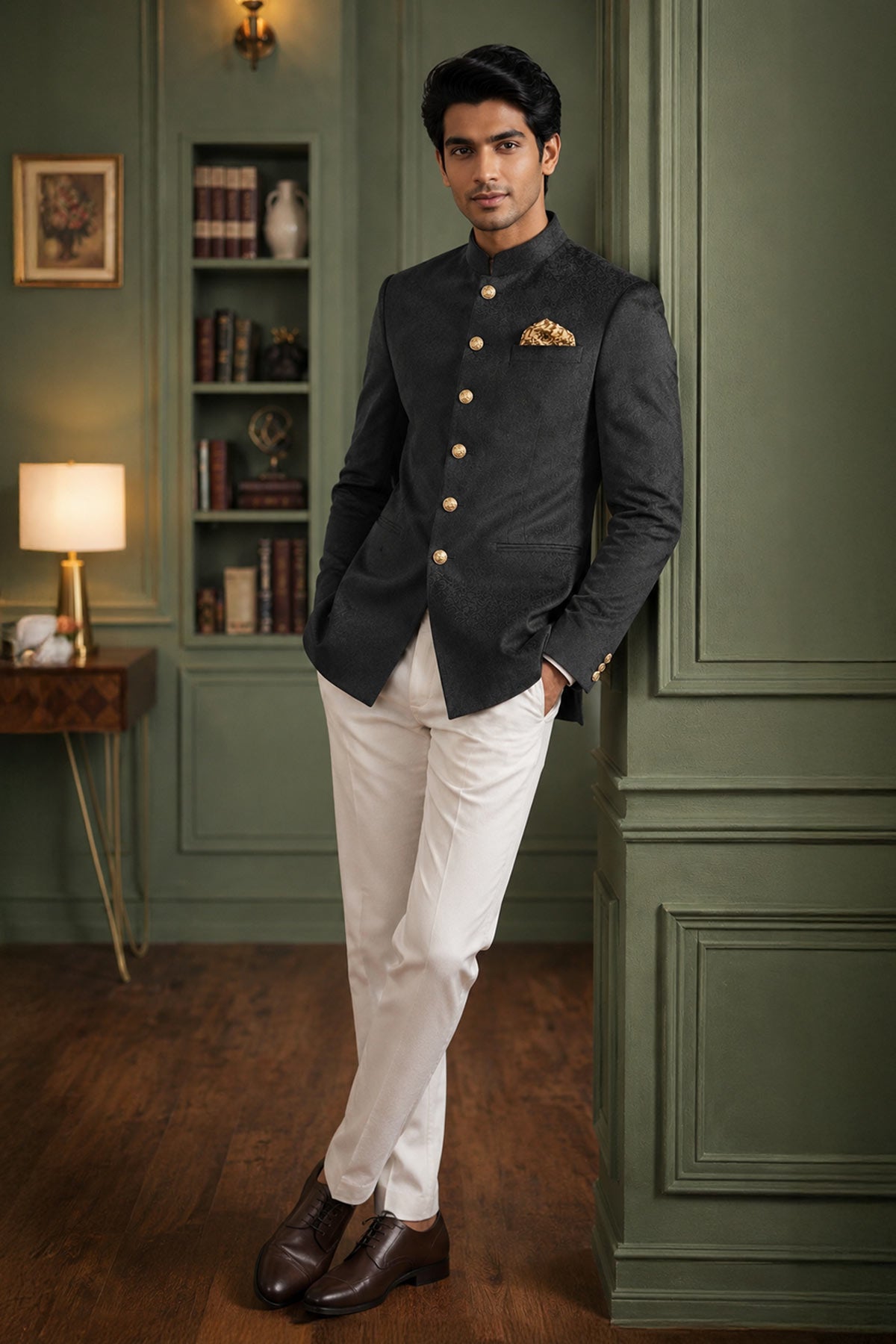 Dark Grey Velvet Jodhpuri Suit