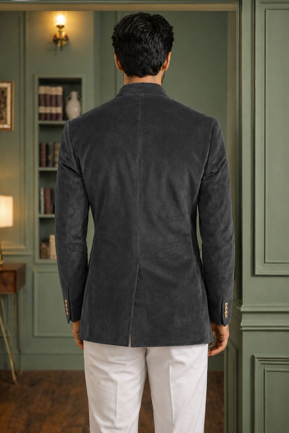 Dark Grey Velvet Jodhpuri Suit