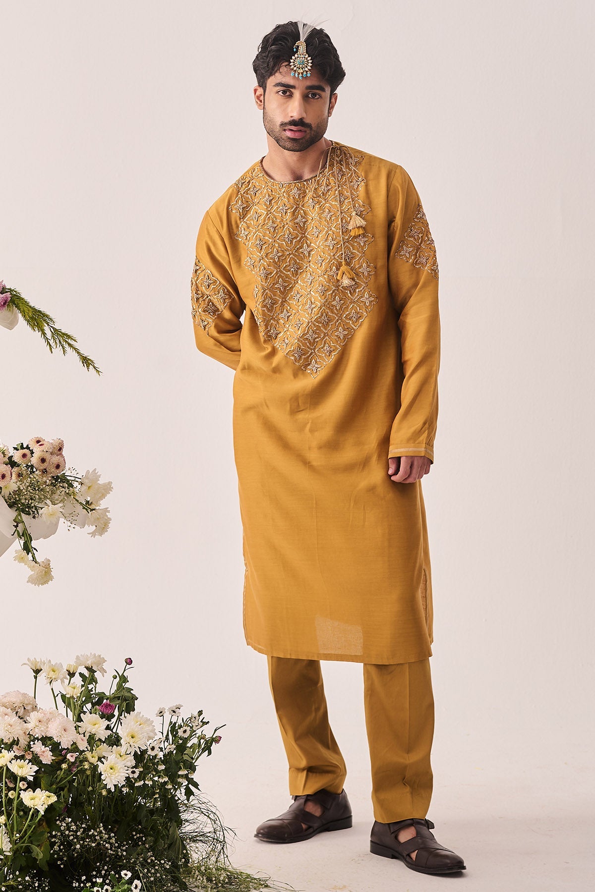 Buy Dark Mustard Chanderi Kurta Set for Men by WABI SABI available online at ScrollnShops