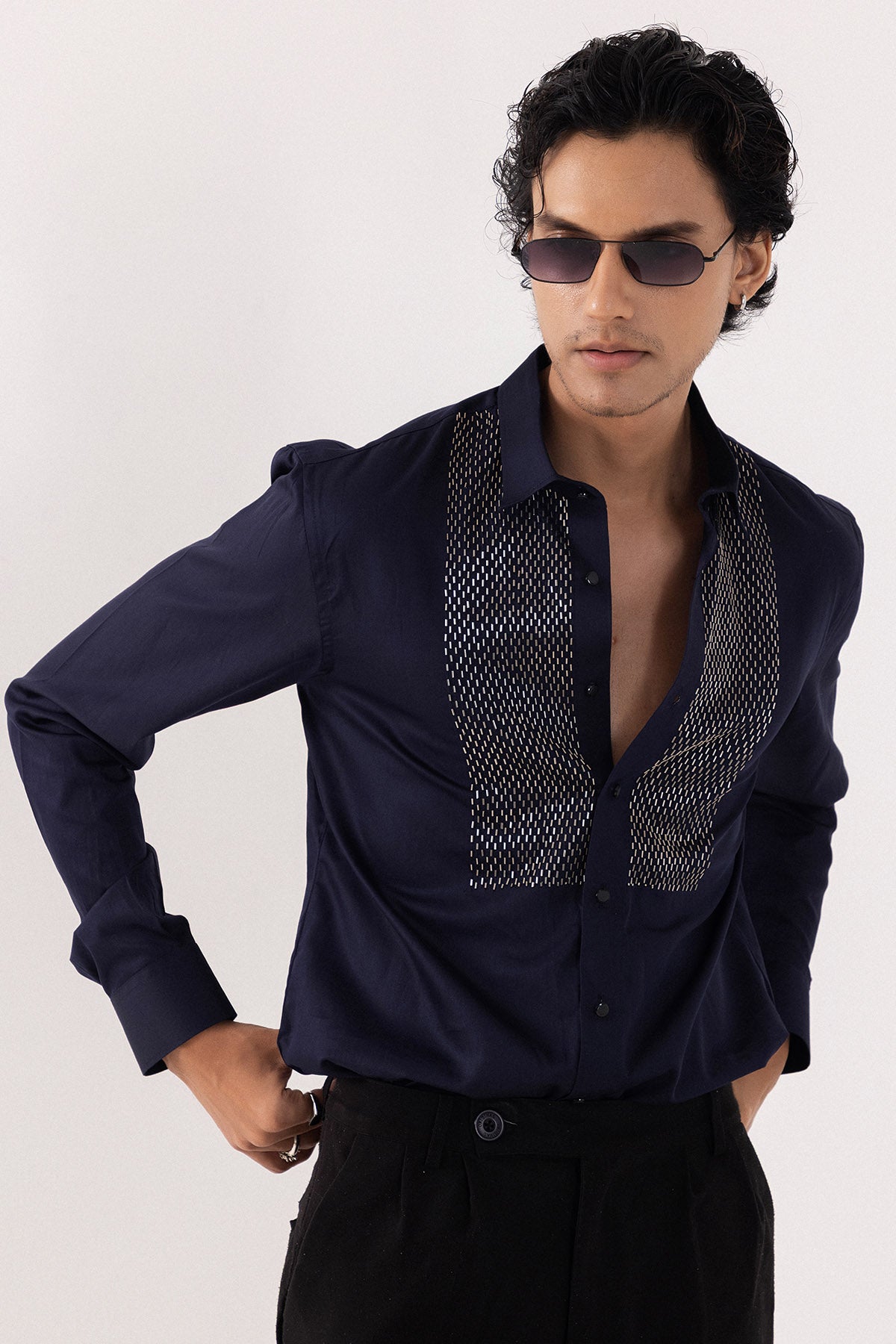 Dark Navy Cotton Cutdana Shirt