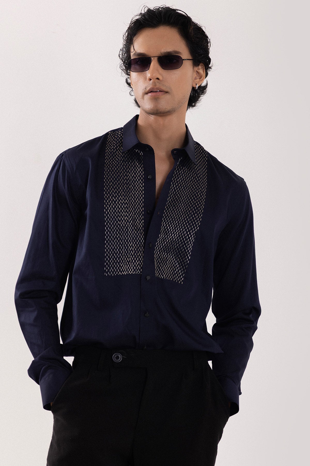 Buy Dark Navy Cotton Cutdana Shirt for men by Paarsh Atelier online available at scrollnshops