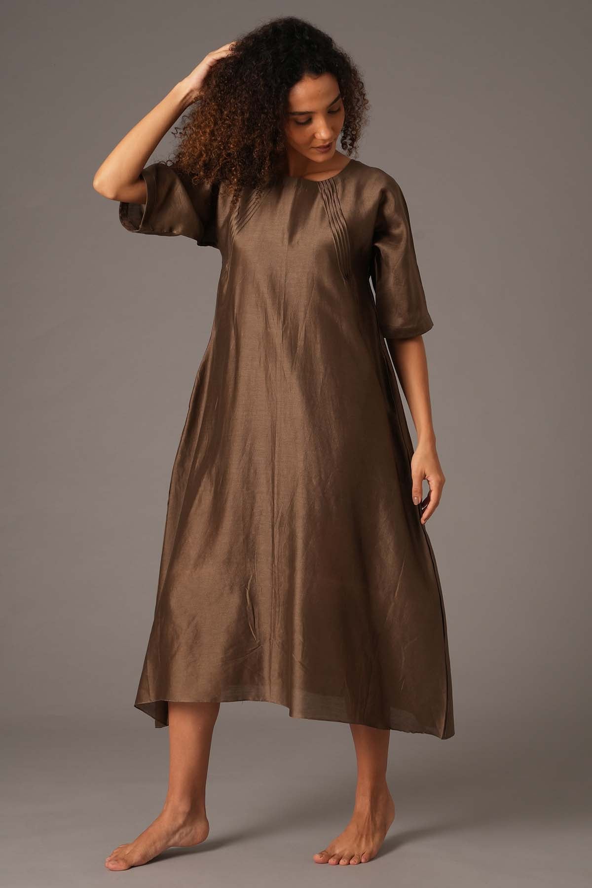 Dark Olive Chanderi Silk Dress