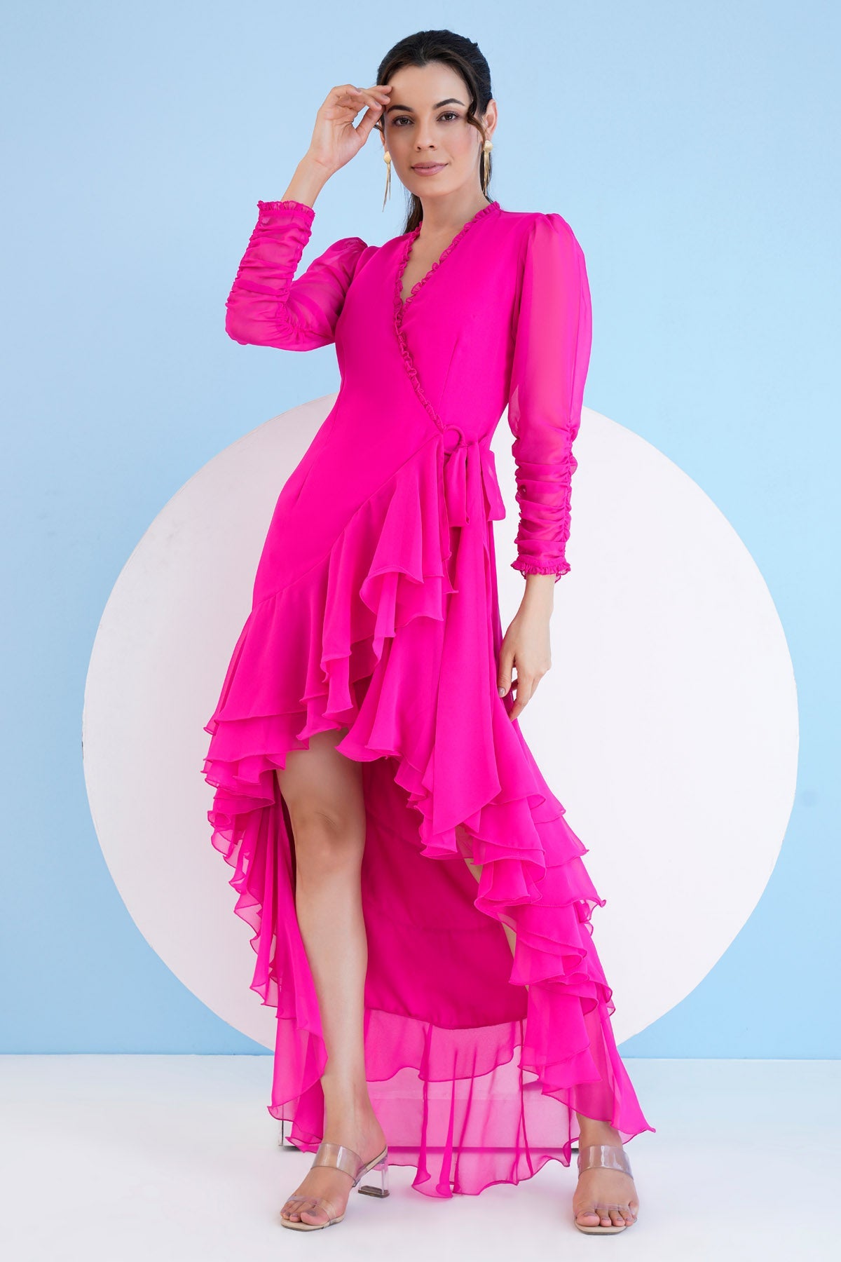 Buy Dark Pink High Low Wrap Dress by Mandira Wirk