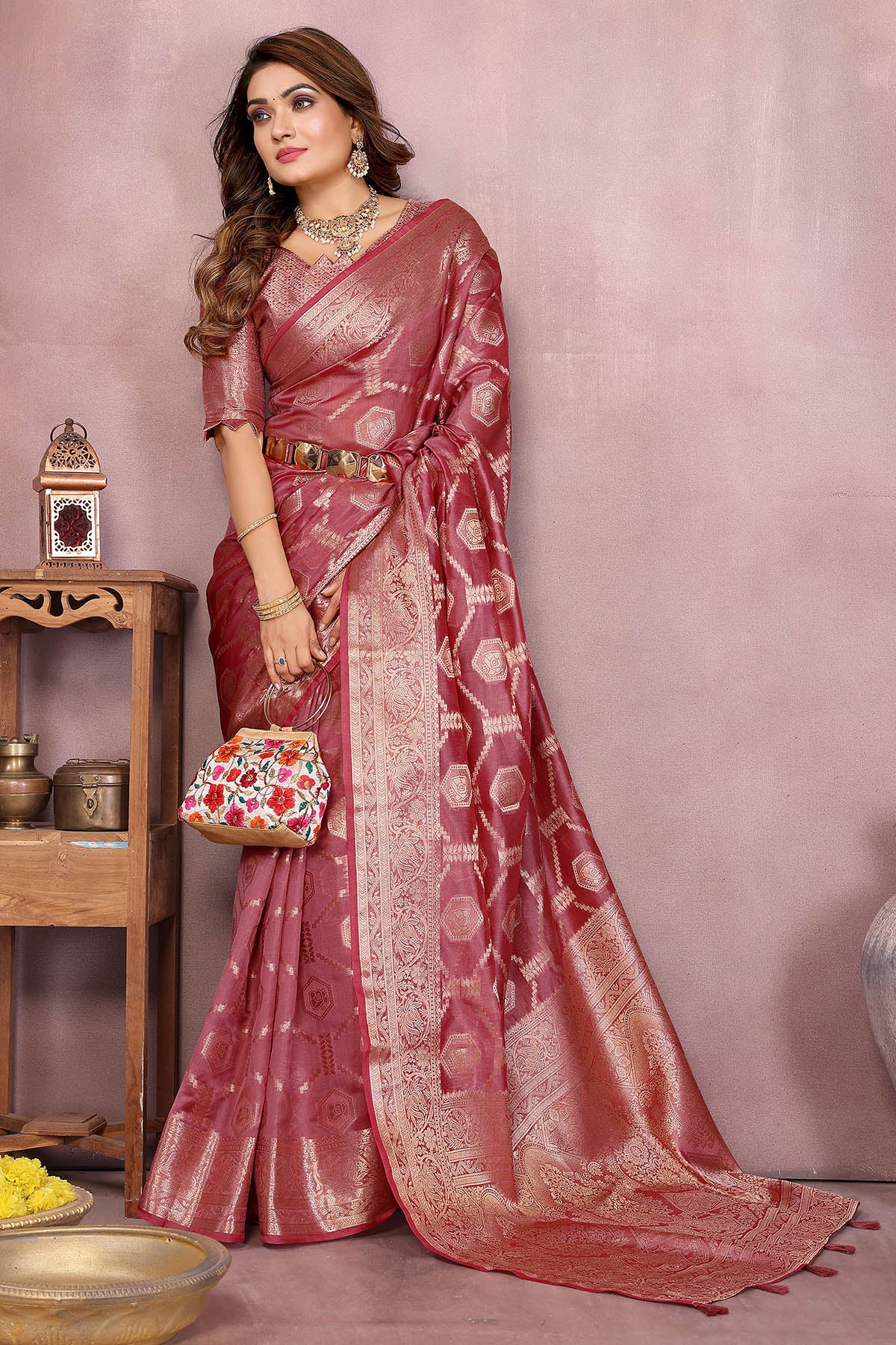 Dark Pink Soft Organza Saree