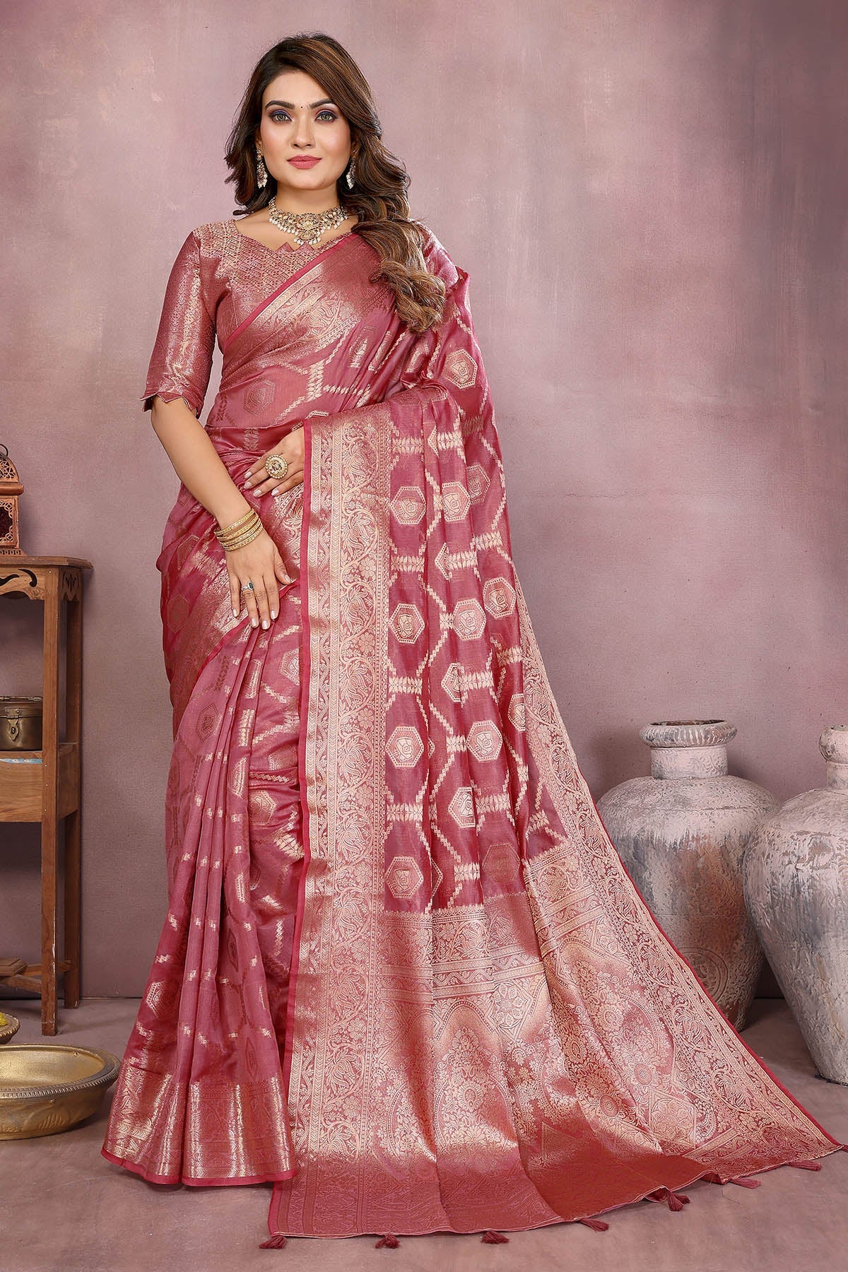 Buy Dark Pink Soft Organza Saree for women by Aastha Fashion online available at scrollnshops