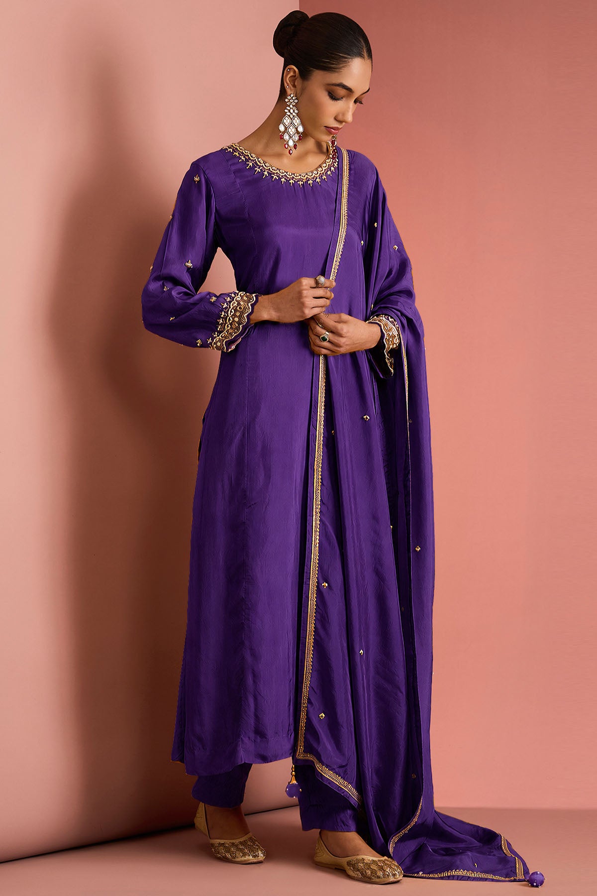 Dark Purple Cutdana Kurta Set