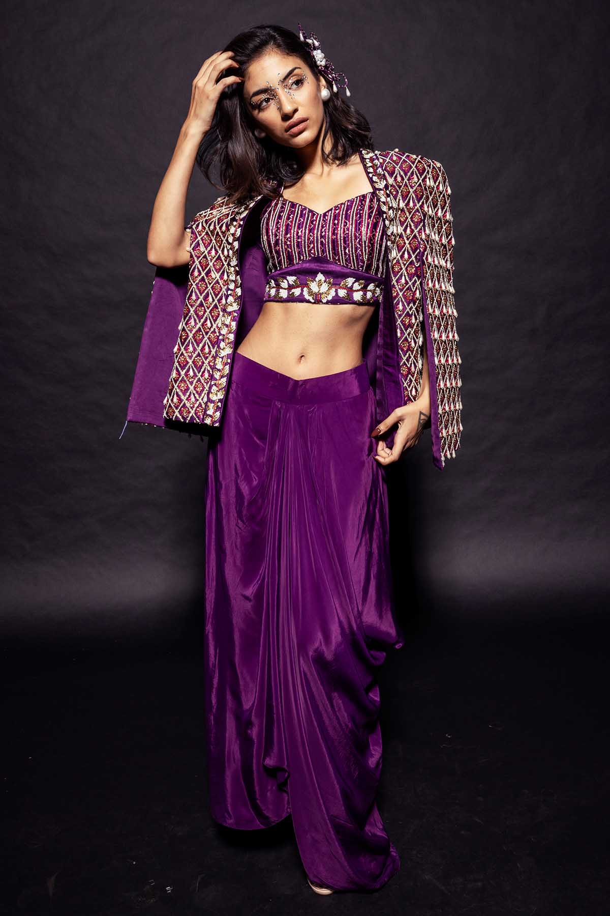 Sejal Kamdar Dark Purple Embroidered Cape Set for women online at ScrollnShops