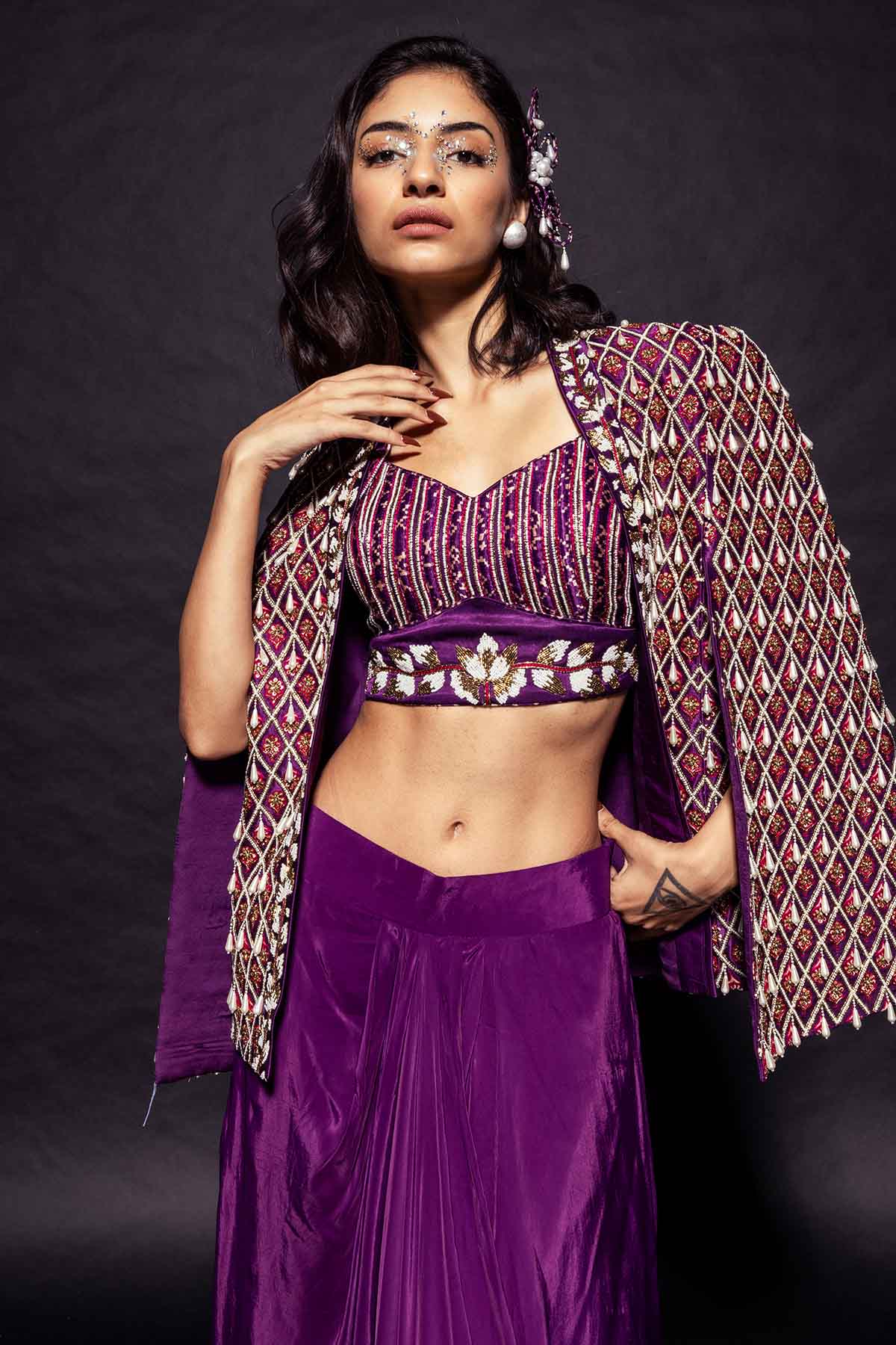 Dark Purple Embroidered Cape Set