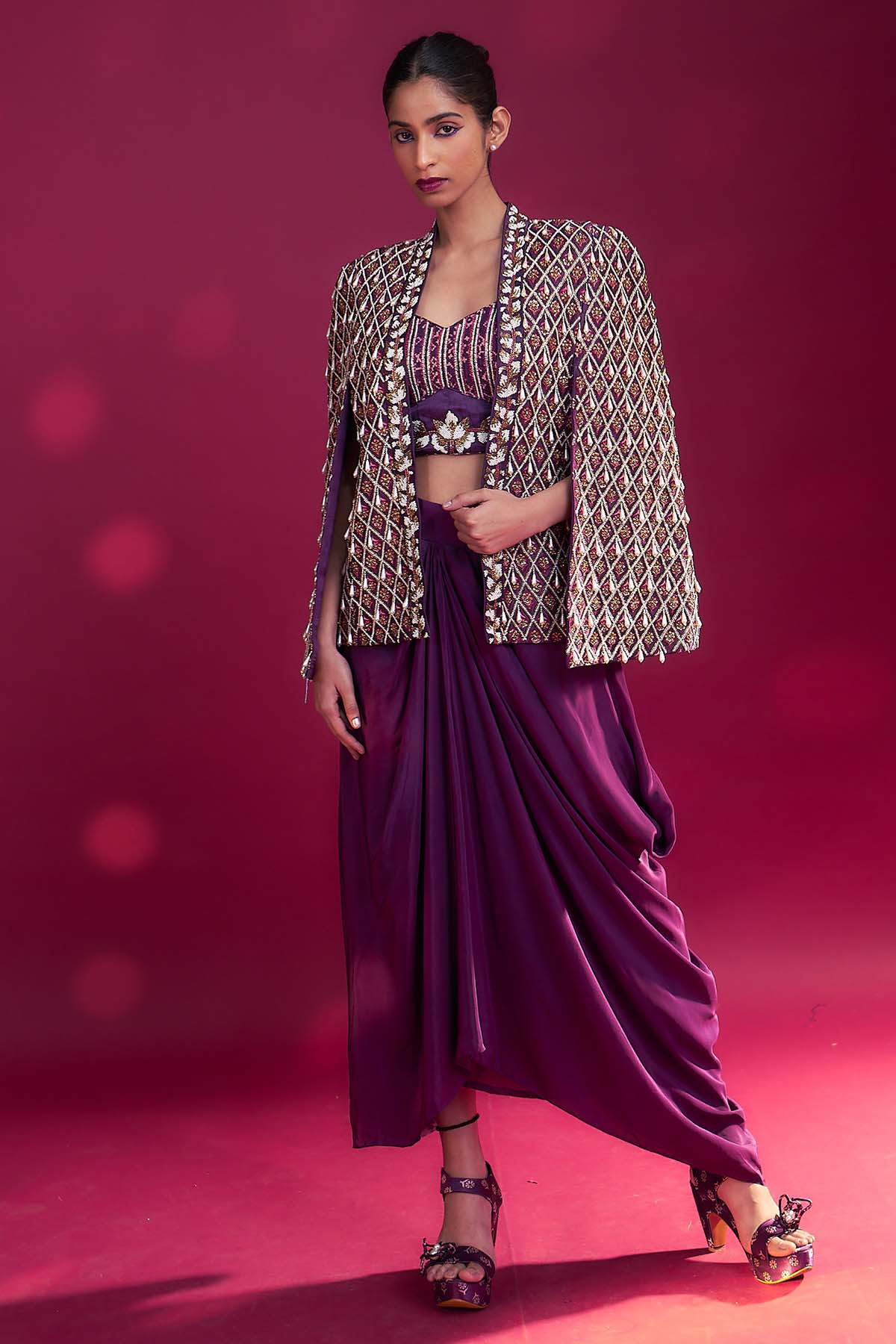 Dark Purple Embroidered Cape Set