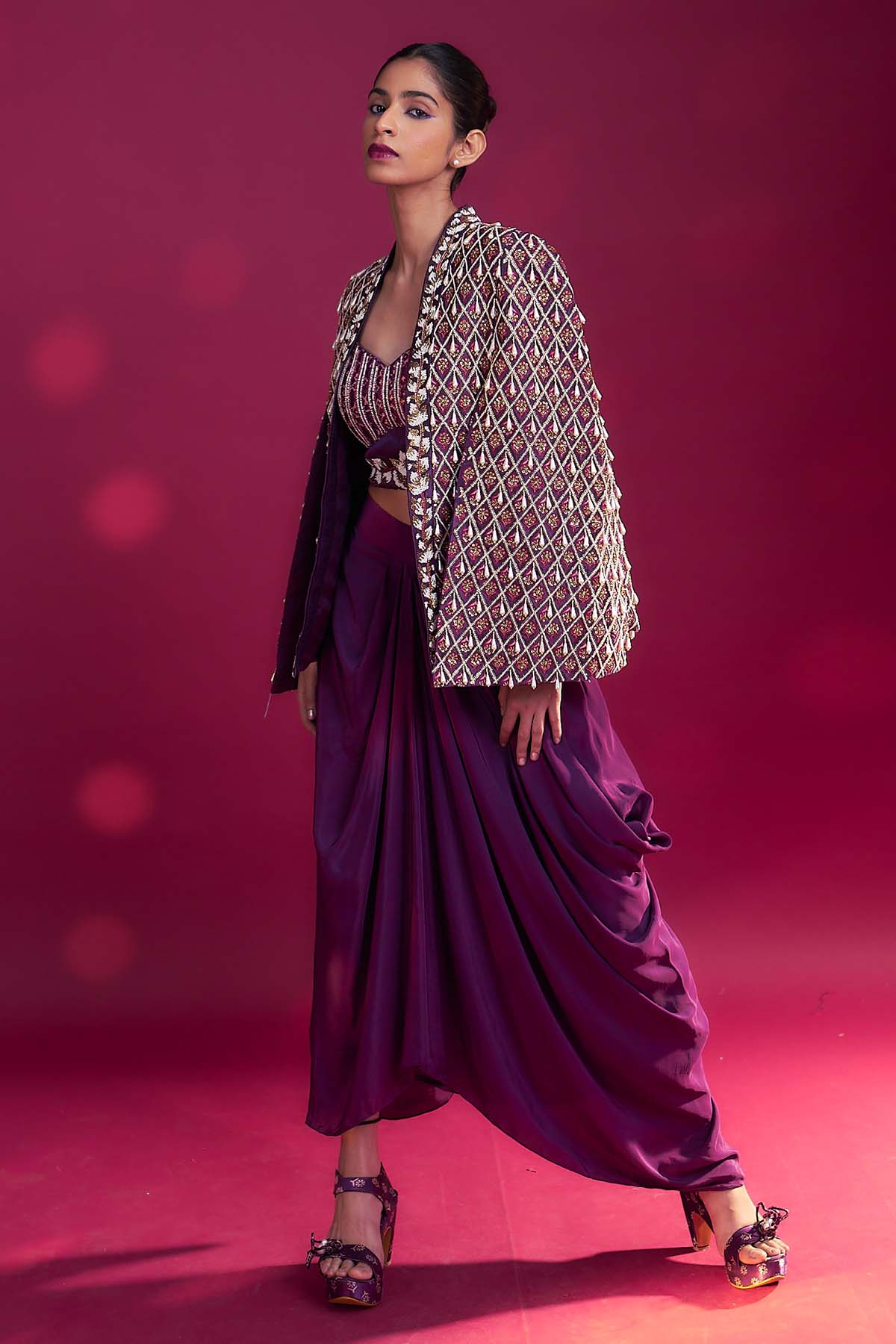 Dark Purple Embroidered Cape Set
