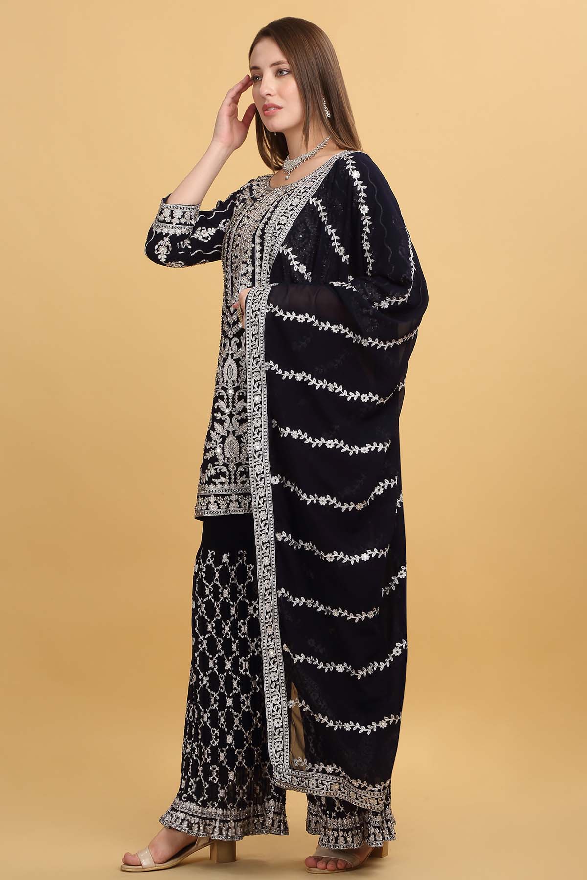 Dark Purple Zari Short Kurta Set