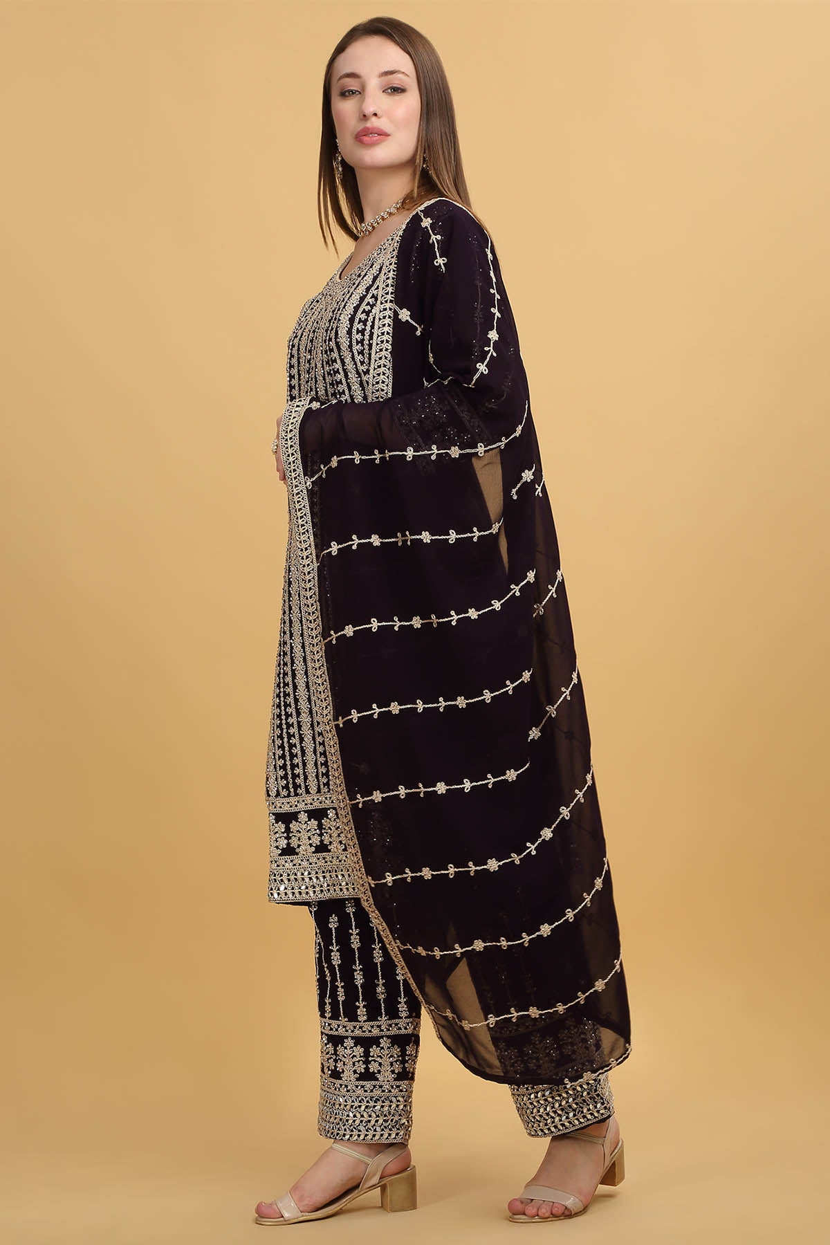 Dark Purple Zari Work Kurta Set