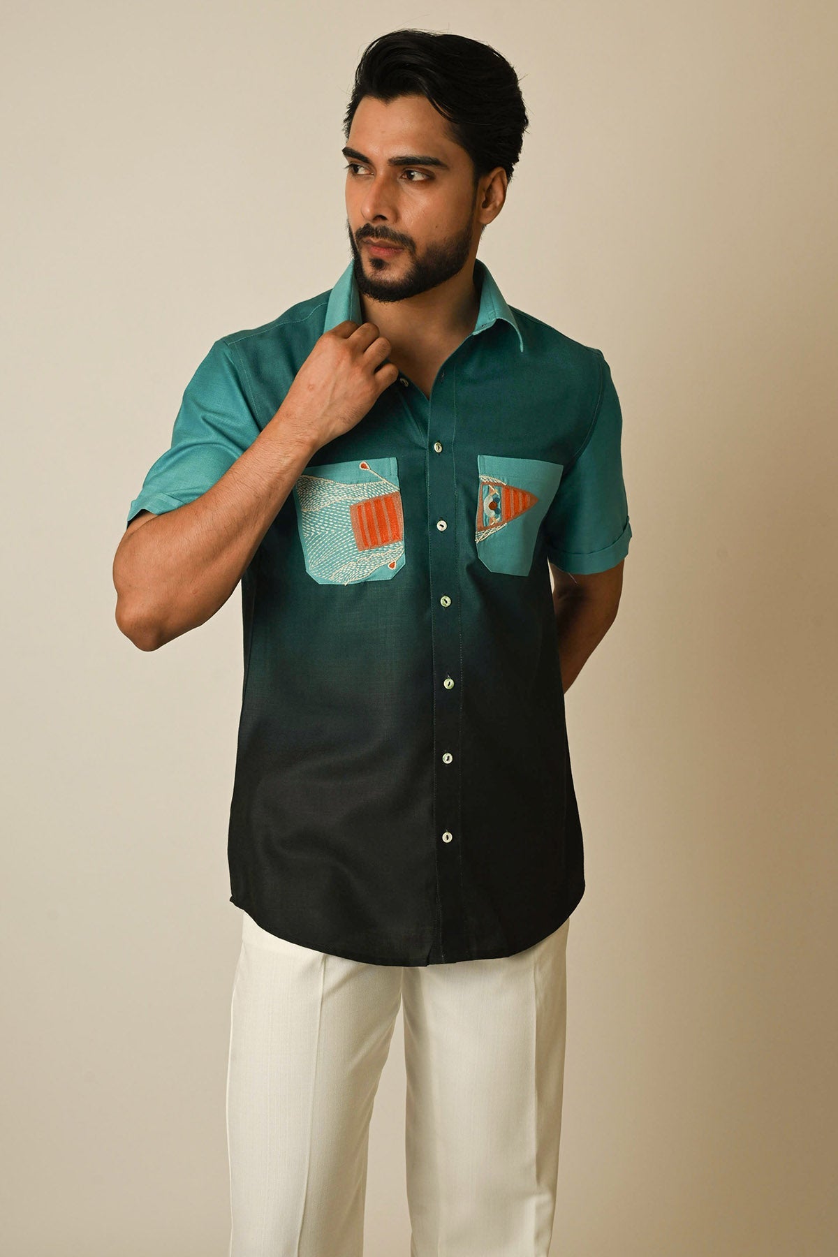 Buy Dark Shaded Teal Textured Shirt for men by Paarsh Atelier online available at scrollnshops