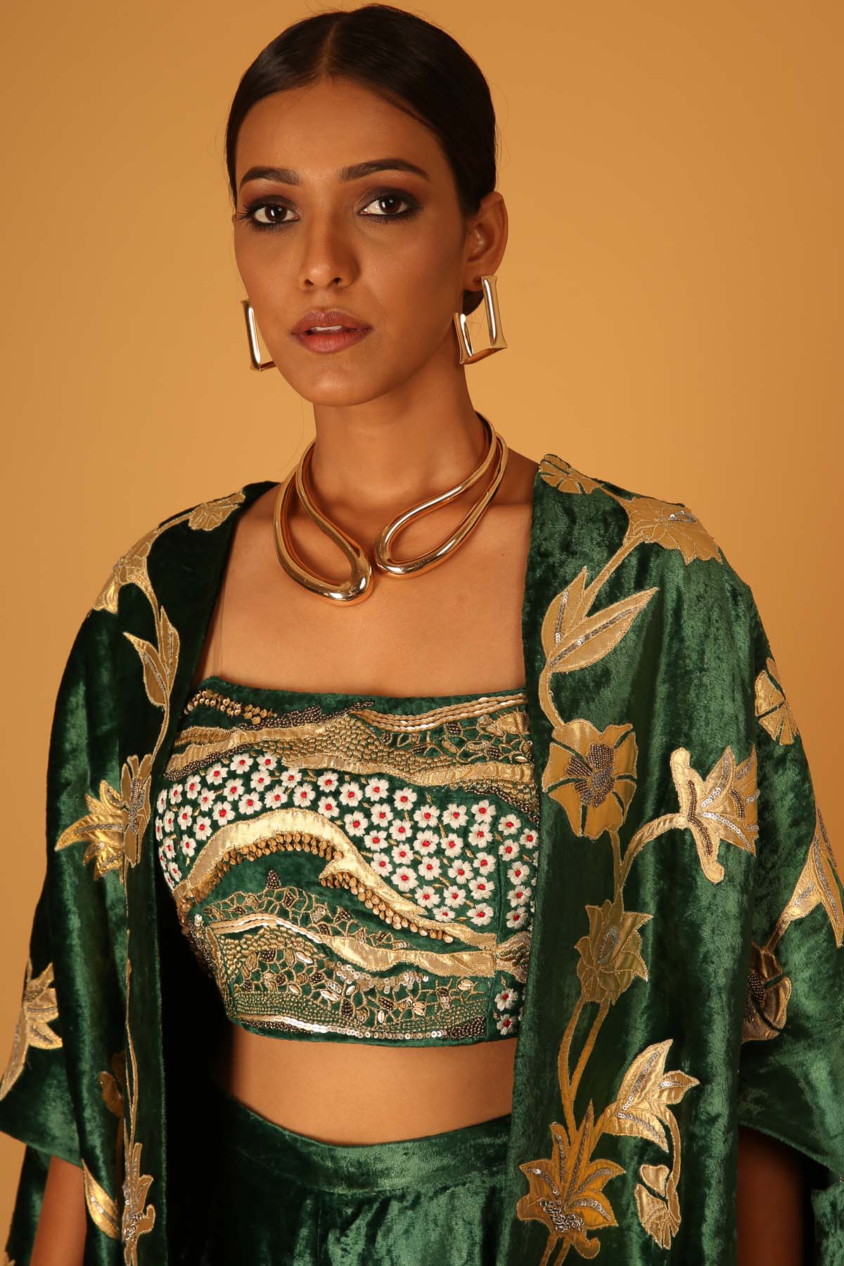 Deep Green Embroidered Cape Set