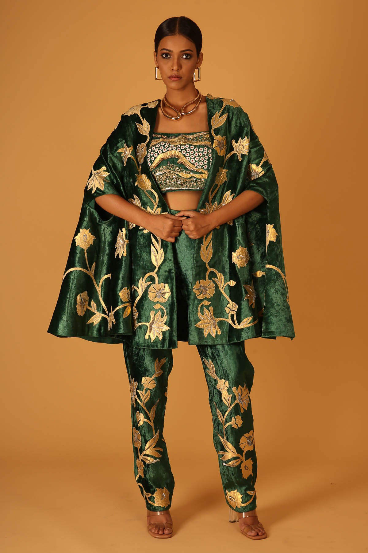 Deep Green Embroidered Cape Set