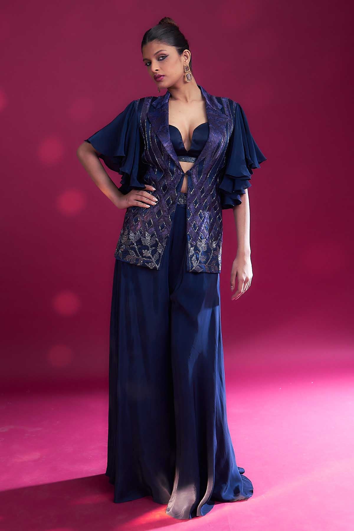 Sejal Kamdar Deep Blue Embellished Blazer Set for women online at ScrollnShops