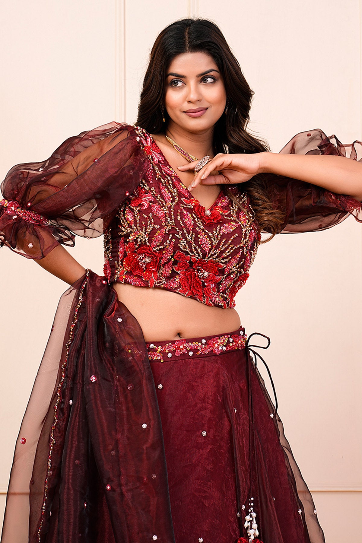 Deep Crimson V-Neck Lehenga Set