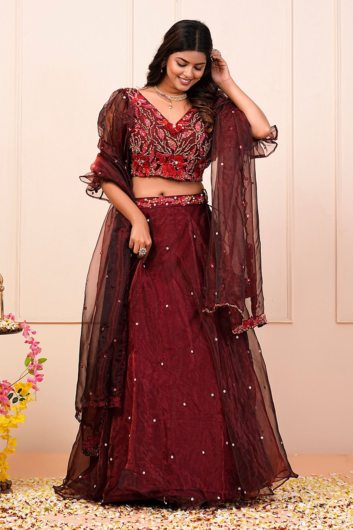 Buy Deep Crimson V-Neck Lehenga Set by Namita Sharma for women online at ScrollnShops