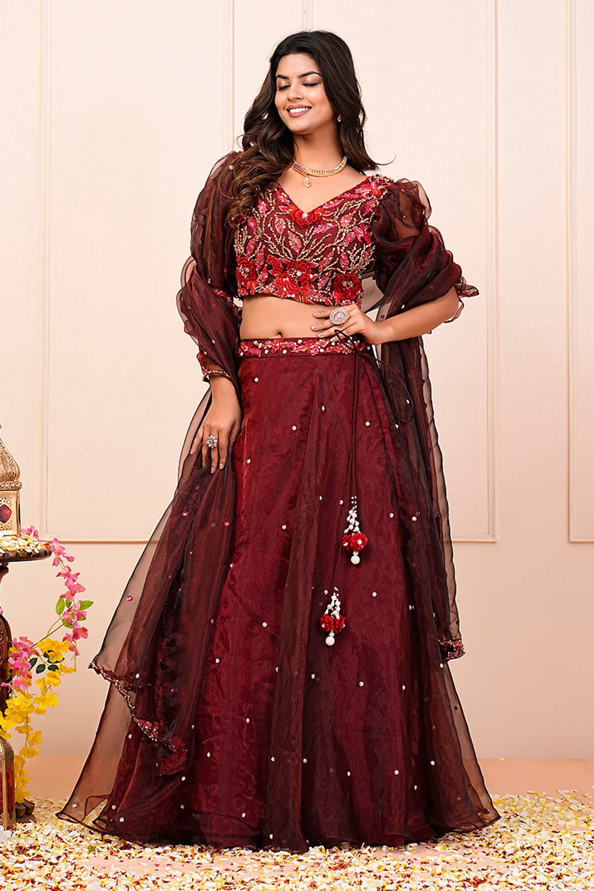 Deep Crimson V-Neck Lehenga Set