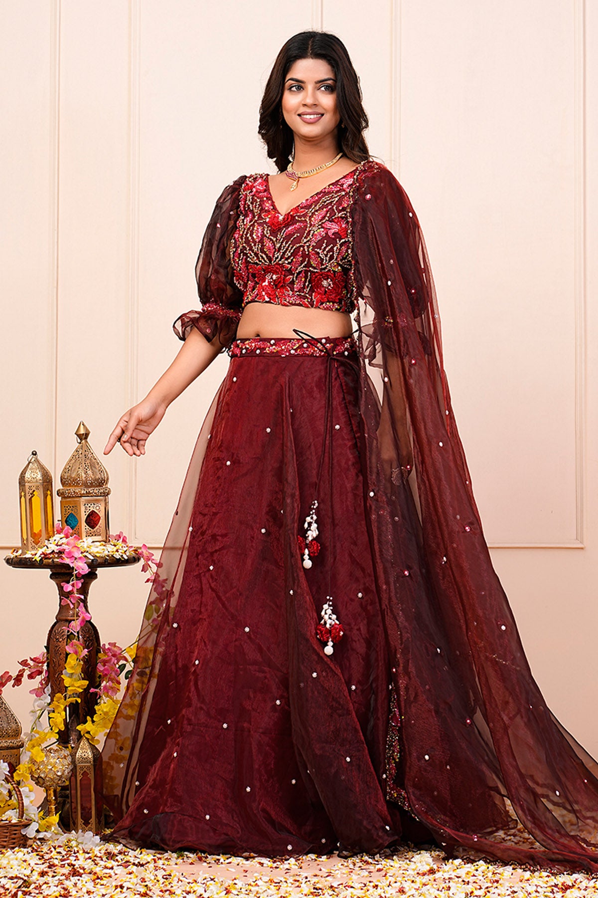 Deep Crimson V-Neck Lehenga Set