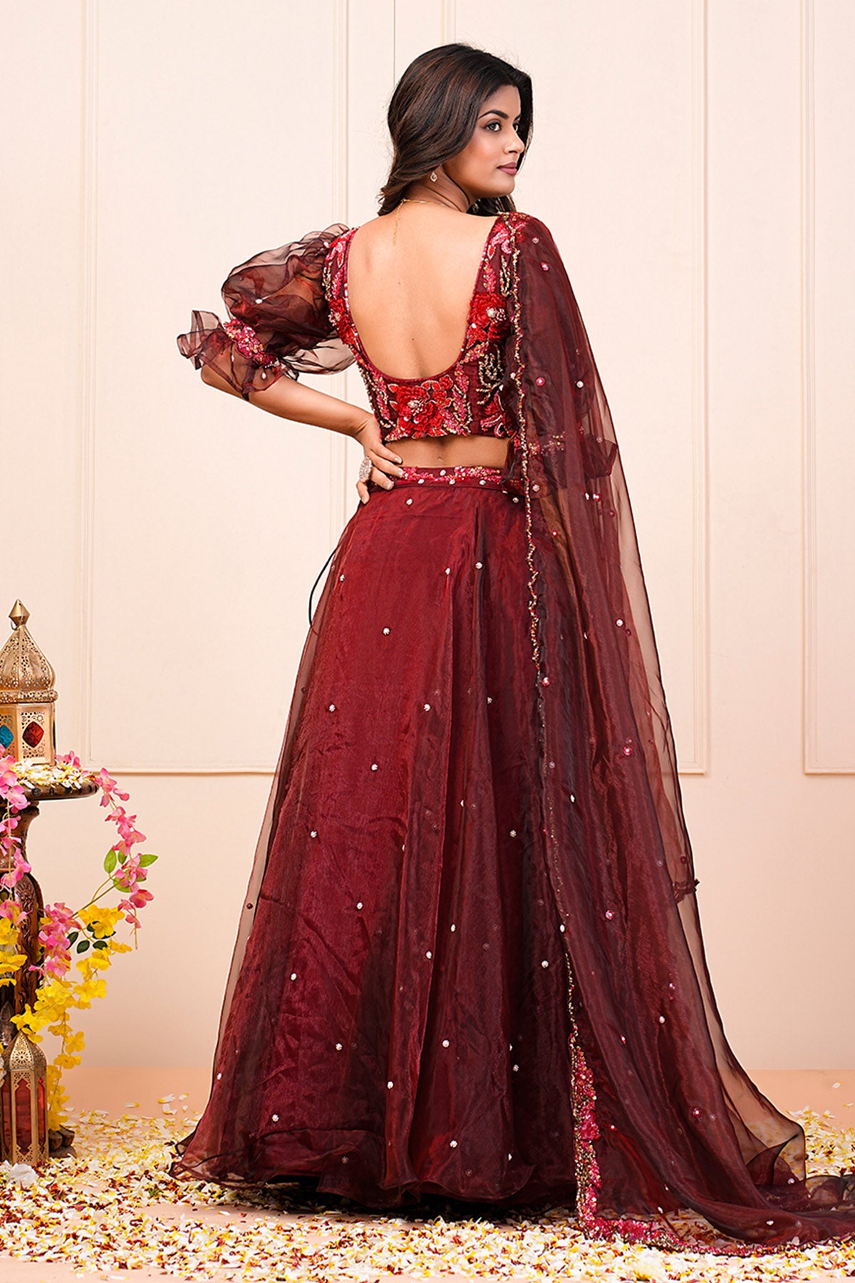 Deep Crimson V-Neck Lehenga Set