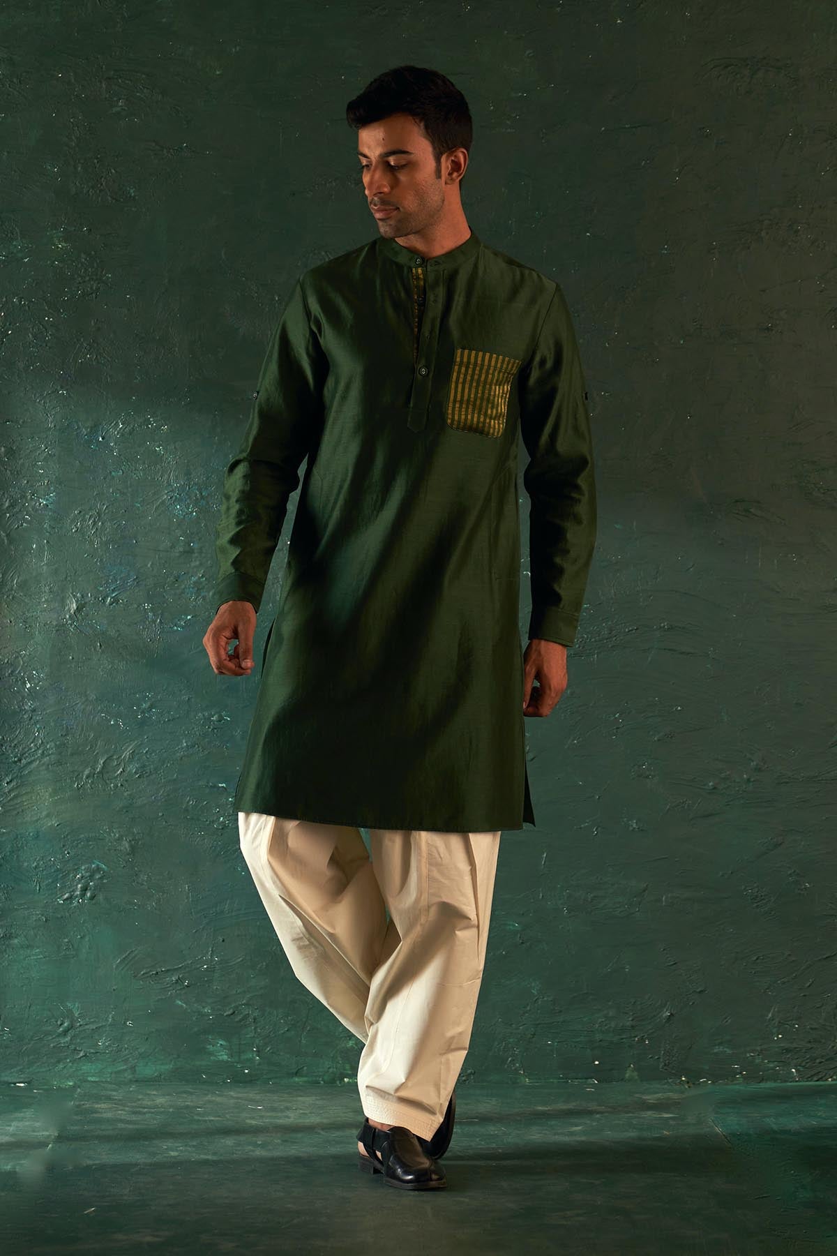 Buy Deep Green Embroidered Kurta Set by Charkhee for men online at ScrollnShops