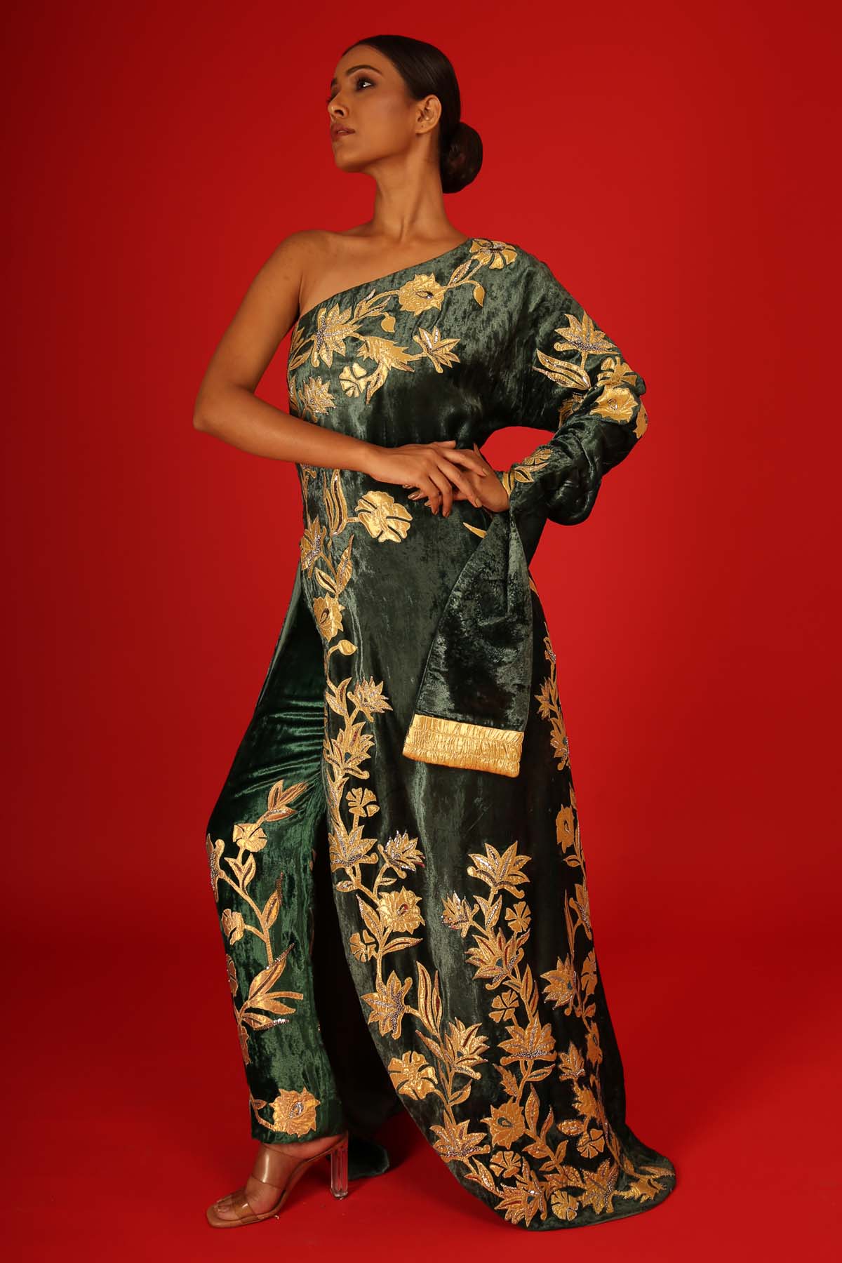 Deep Green Floral Pattern Top & Pants