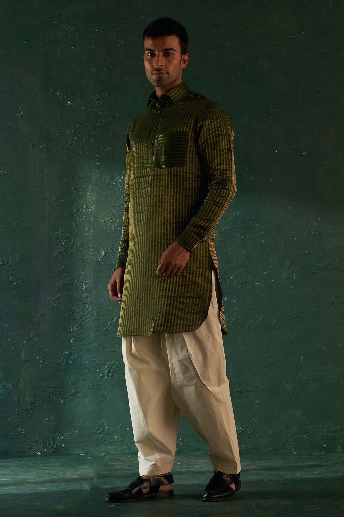 Buy Deep Green Pathani Kurta Set by Charkhee for men online at ScrollnShops