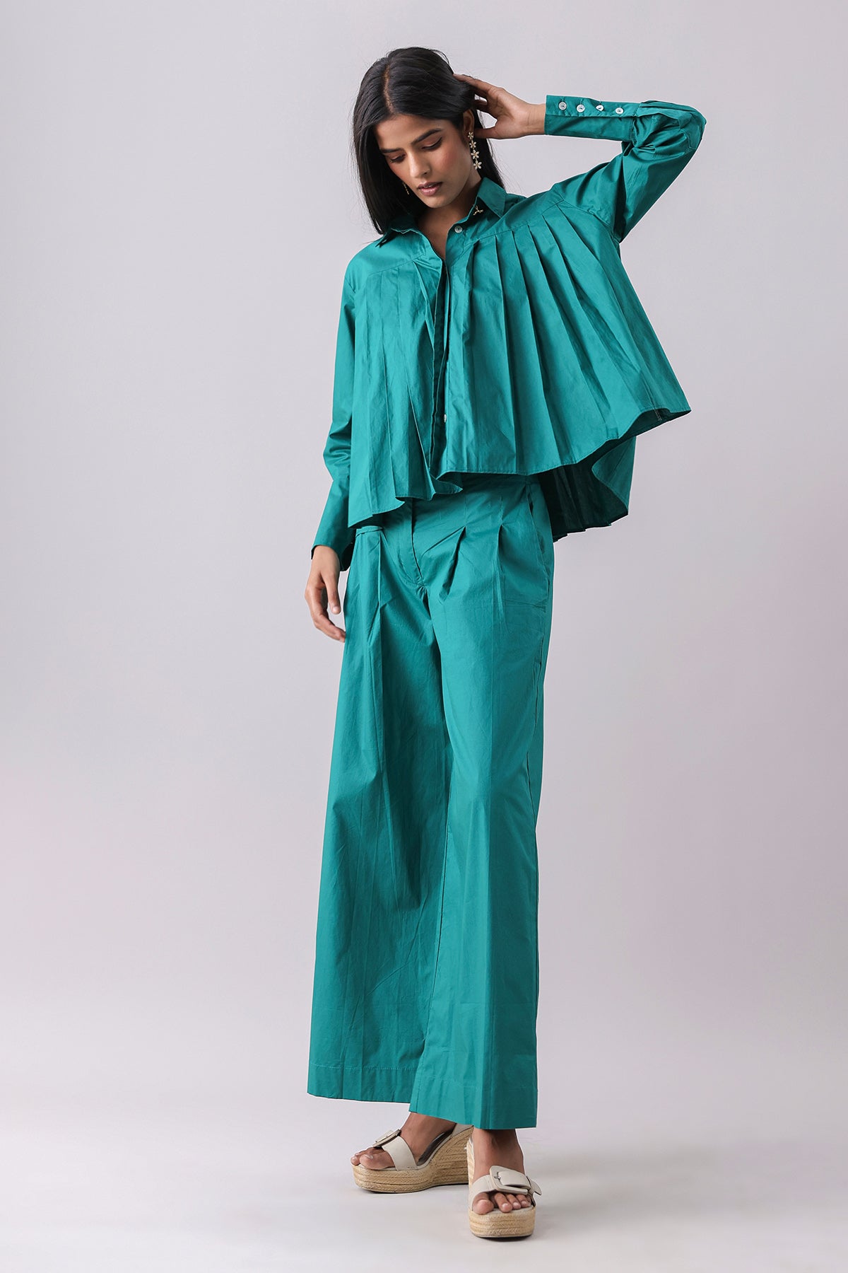 Buy Deep Green Pleated Shirt & Pants by Why Look West for women online at ScrollnShops