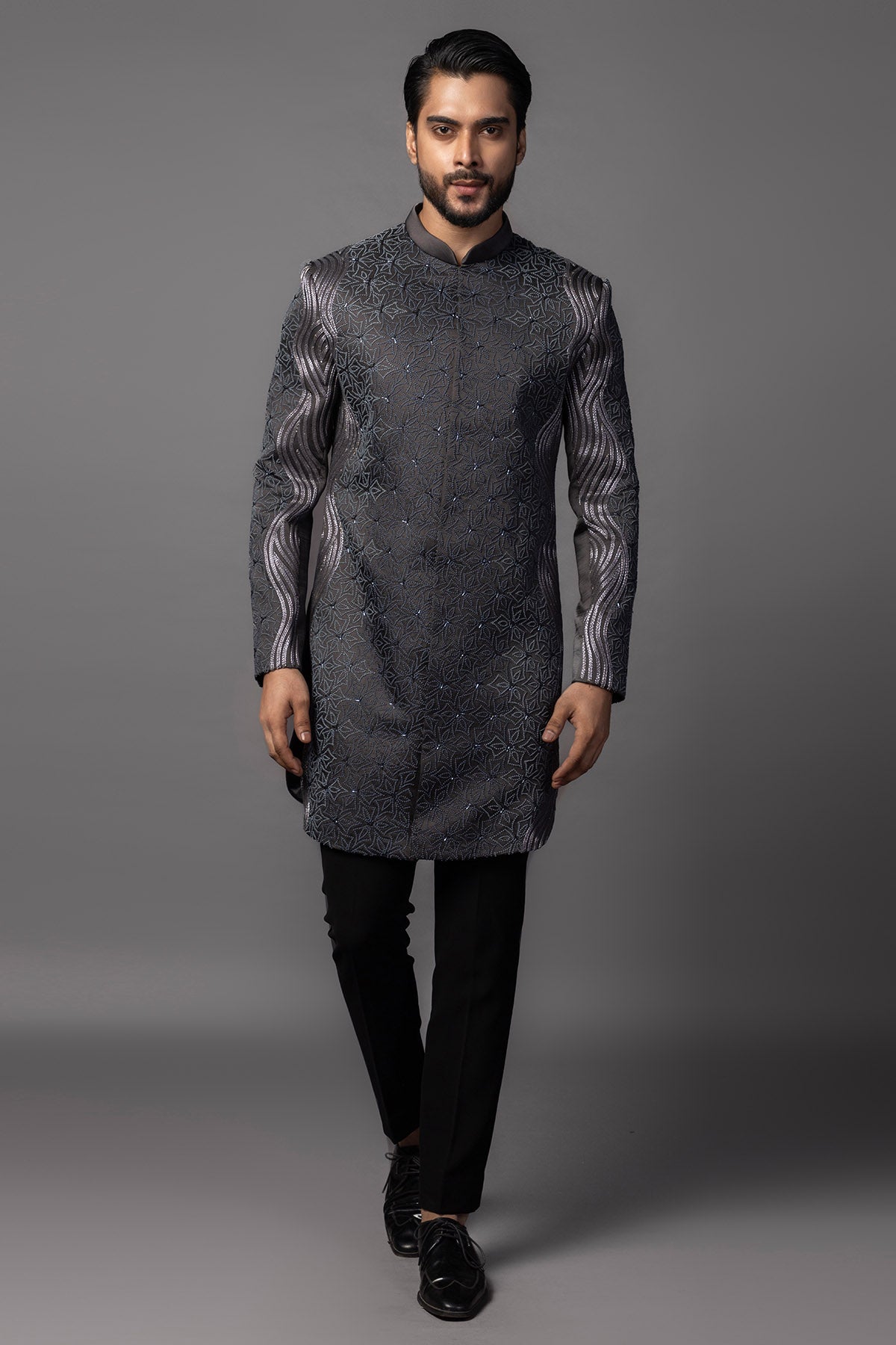 Buy Deep Grey Frenchknot Achkan Set for men by Paarsh Atelier online available at scrollnshops
