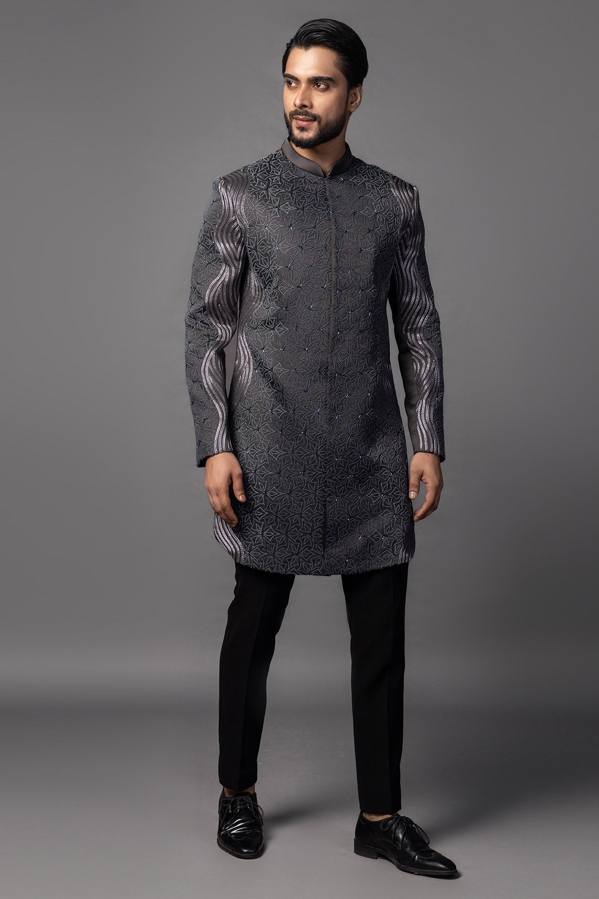 Deep Grey Frenchknot Achkan Set