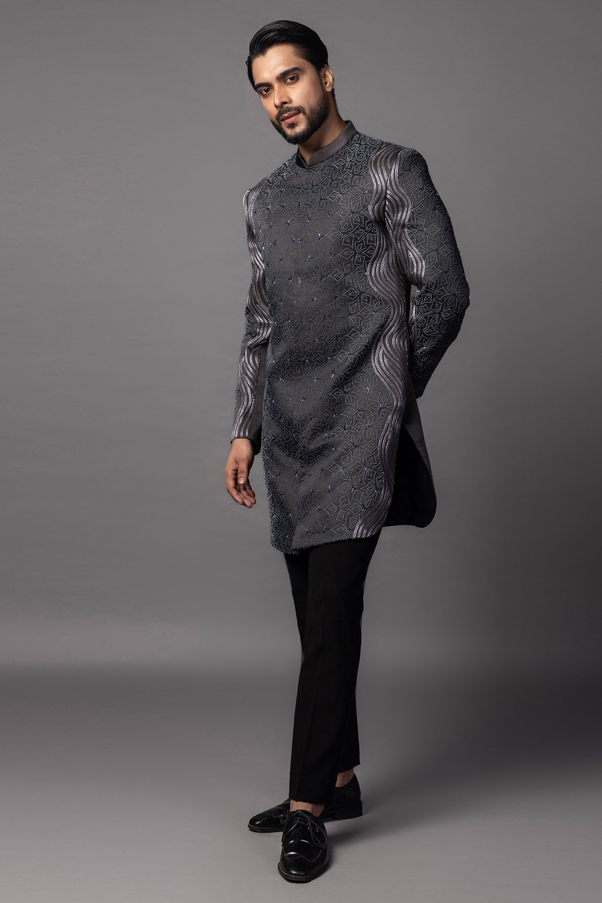 Deep Grey Frenchknot Achkan Set