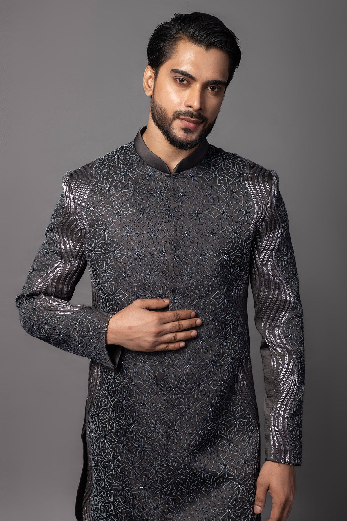 Deep Grey Frenchknot Achkan Set