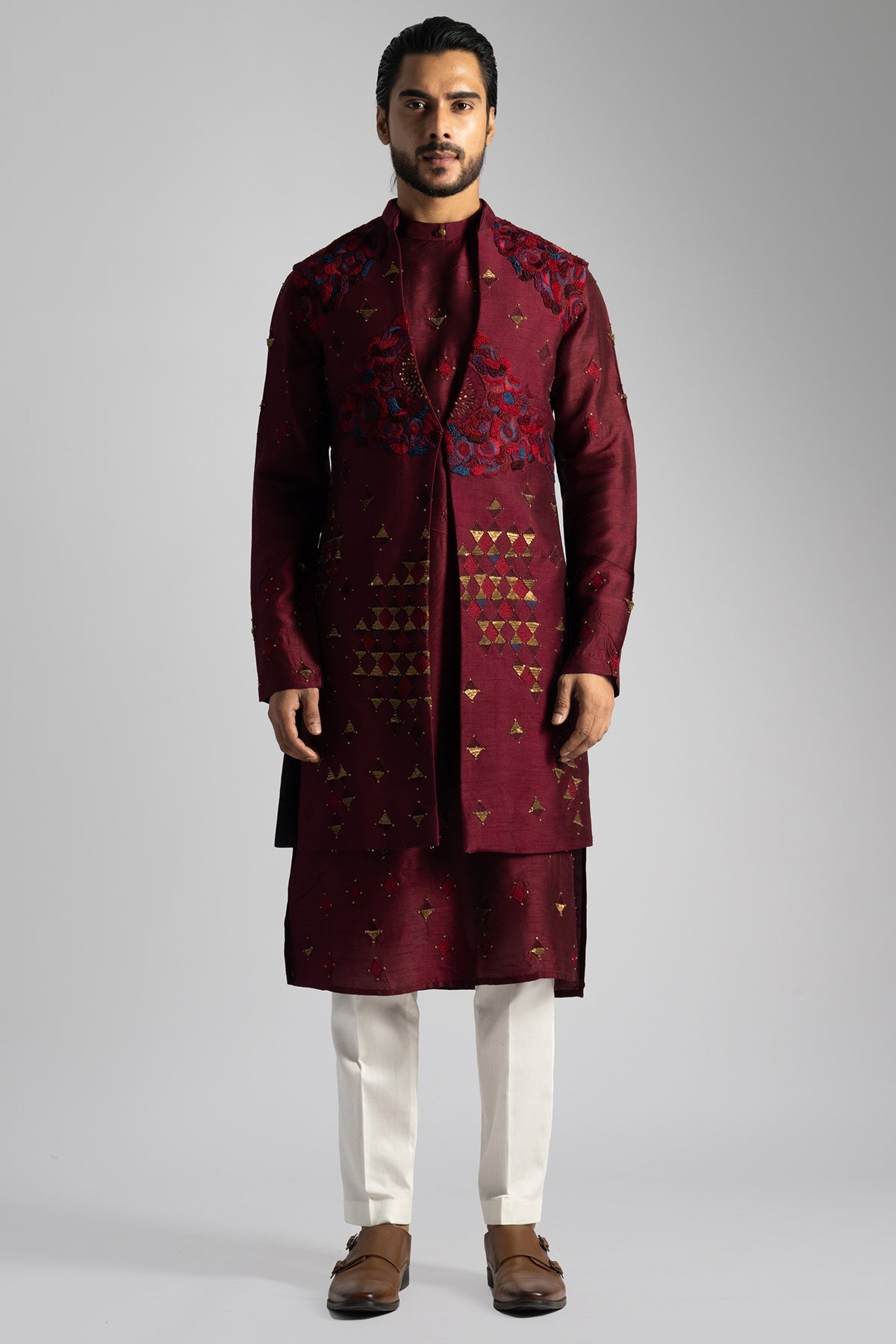 Buy Deep Red Bamberg Silk Kurta Set for men by Paarsh Atelier online available at scrollnshops