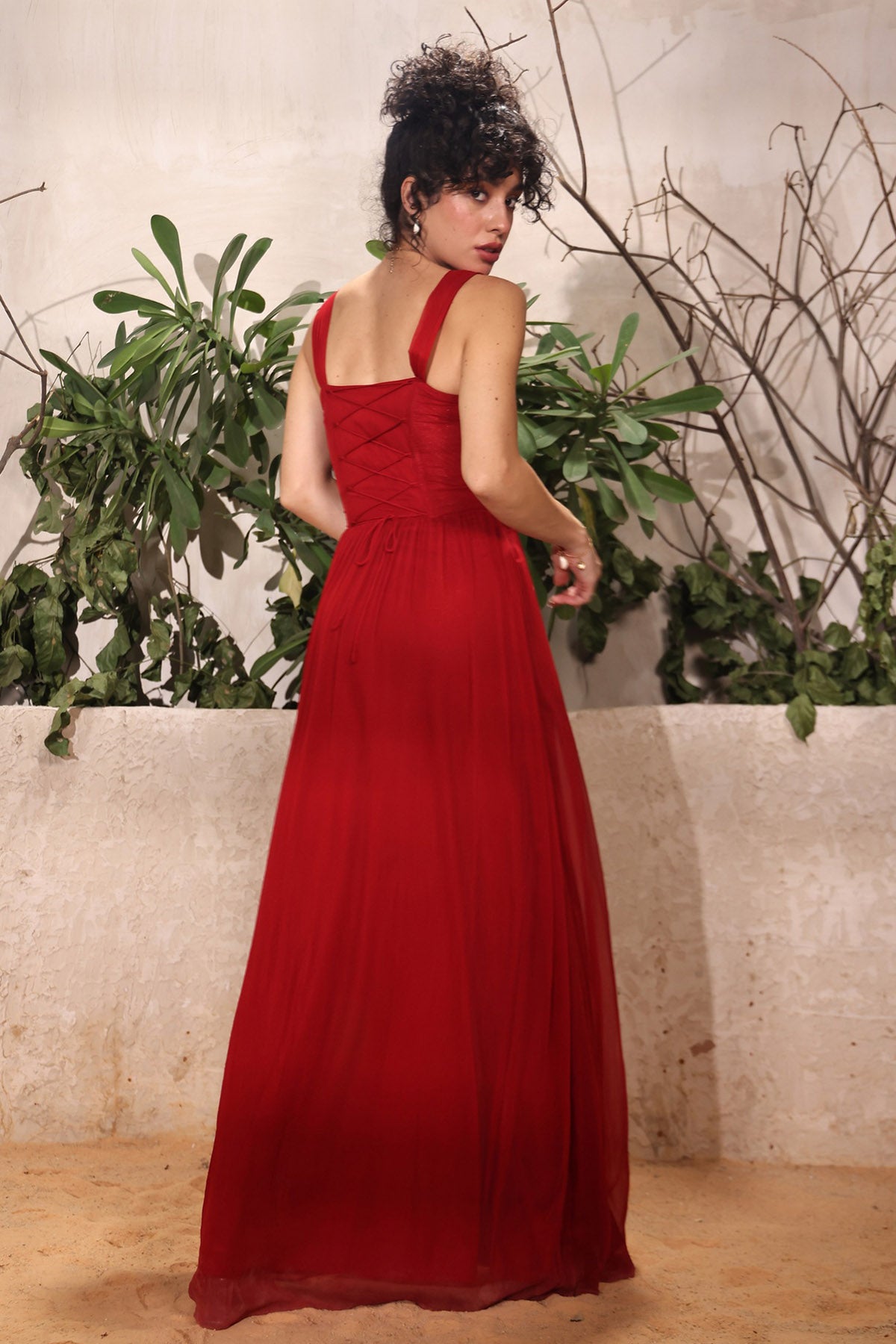 Deep Red Chiffon Flowing Dress